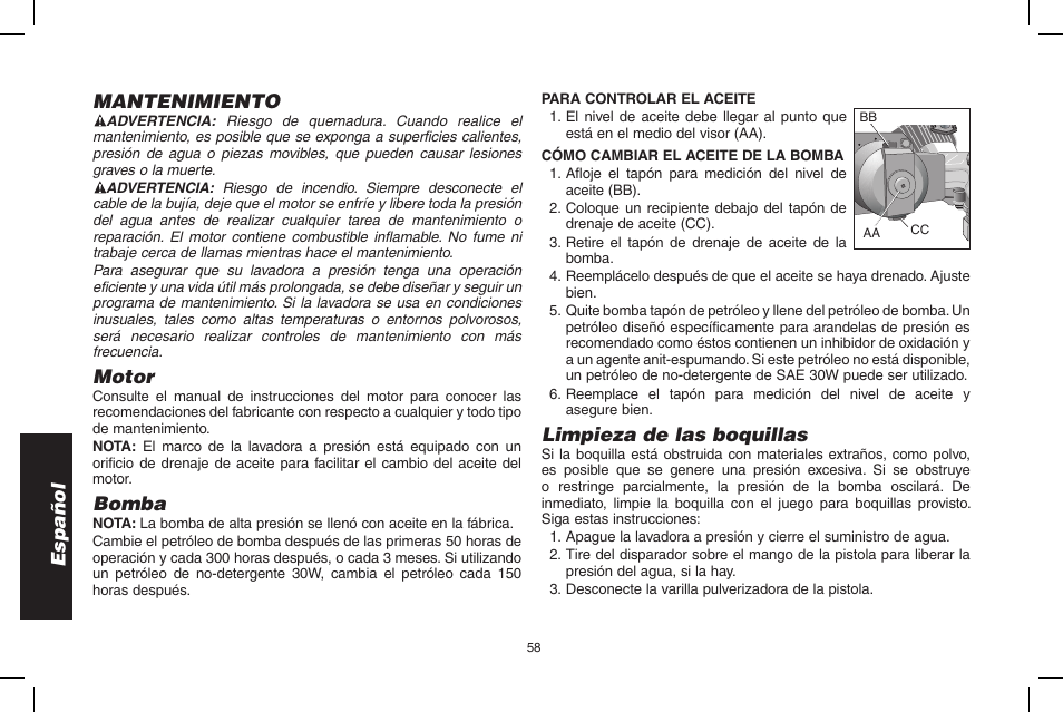 Español, Mantenimiento, Motor | Bomba, Limpieza de las boquillas | DeWalt 7103629 User Manual | Page 58 / 68
