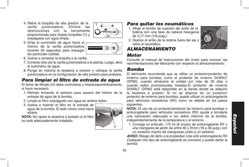 Español, Para limpiar el filtro de entrada de agua, Para quitar los neumáticos | Almacenamiento motor, Bomba | DeWalt 7103629 User Manual | Page 59 / 68