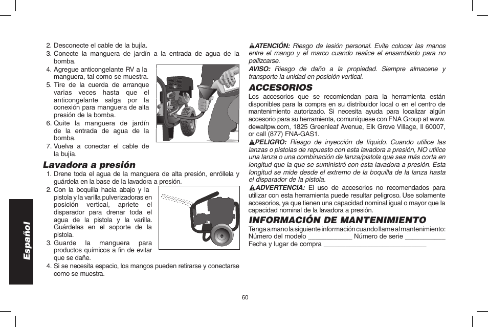 Español, Lavadora a presión, Accesorios | Información de mantenimiento | DeWalt 7103629 User Manual | Page 60 / 68