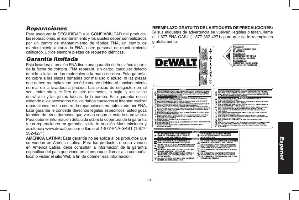 Español, Reparaciones, Garantía limitada | DeWalt 7103629 User Manual | Page 61 / 68