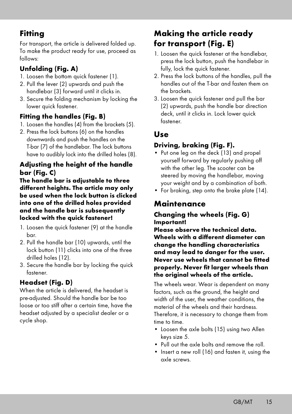 Fitting, Making the article ready for transport (fig. e), Maintenance | Playtive Scooter User Manual | Page 13 / 18