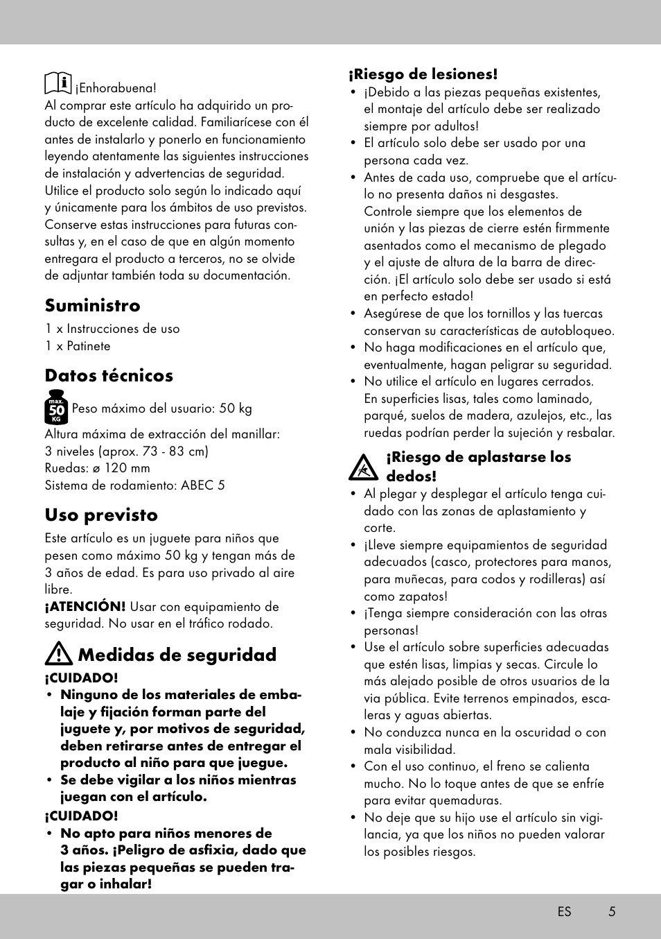 Suministro, Datos técnicos, Uso previsto | Medidas de seguridad | Playtive Scooter User Manual | Page 3 / 18