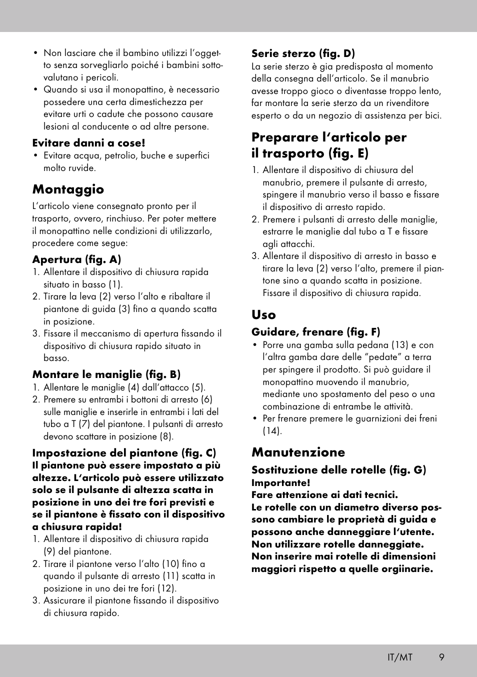 Montaggio, Preparare l‘articolo per il trasporto (fig. e), Manutenzione | Playtive Scooter User Manual | Page 7 / 18