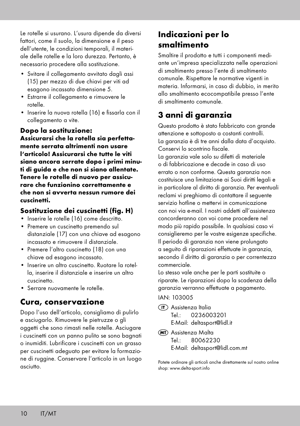 Indicazioni per lo smaltimento, 3 anni di garanzia, Cura, conservazione | Playtive Scooter User Manual | Page 8 / 18