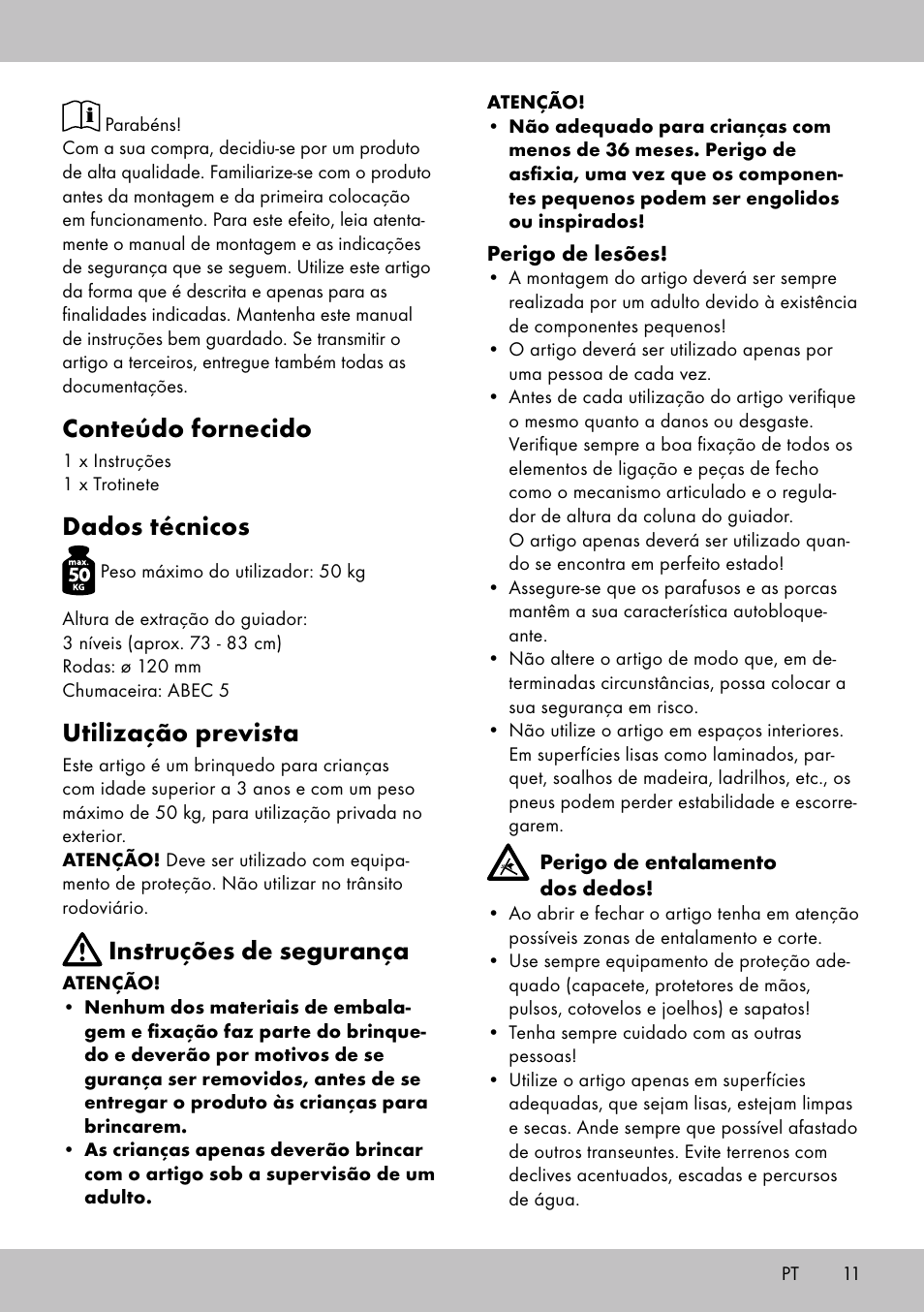 Conteúdo fornecido, Dados técnicos, Utilização prevista | Instruções de segurança | Playtive Scooter User Manual | Page 9 / 18