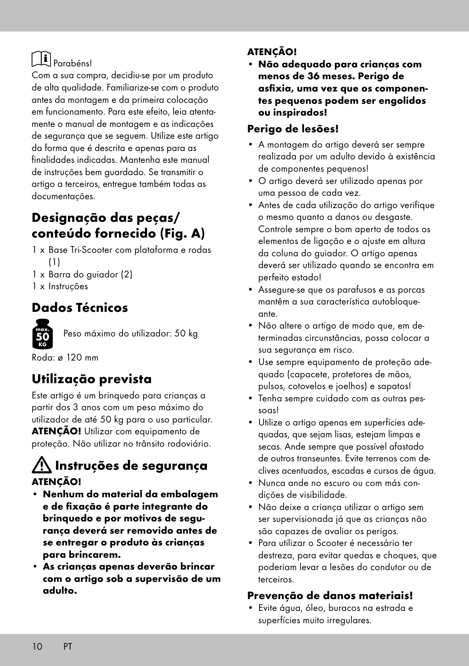 Designação das peças/ conteúdo fornecido (fig. a), Dados técnicos, Utilização prevista | Instruções de segurança | Playtive Tri Scooter User Manual | Page 10 / 20