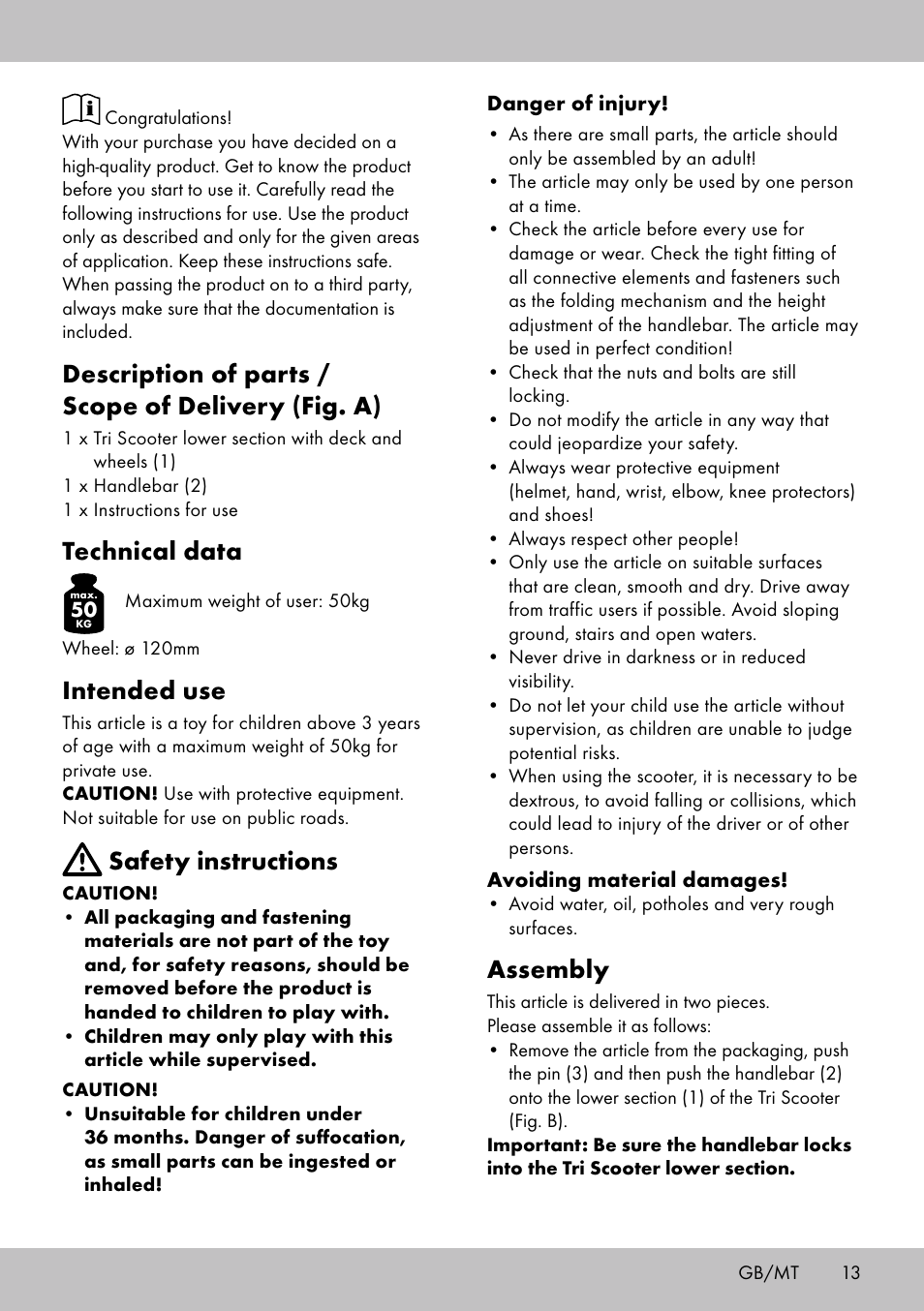 Description of parts / scope of delivery (fig. a), Technical data, Intended use | Safety instructions, Assembly | Playtive Tri Scooter User Manual | Page 13 / 20