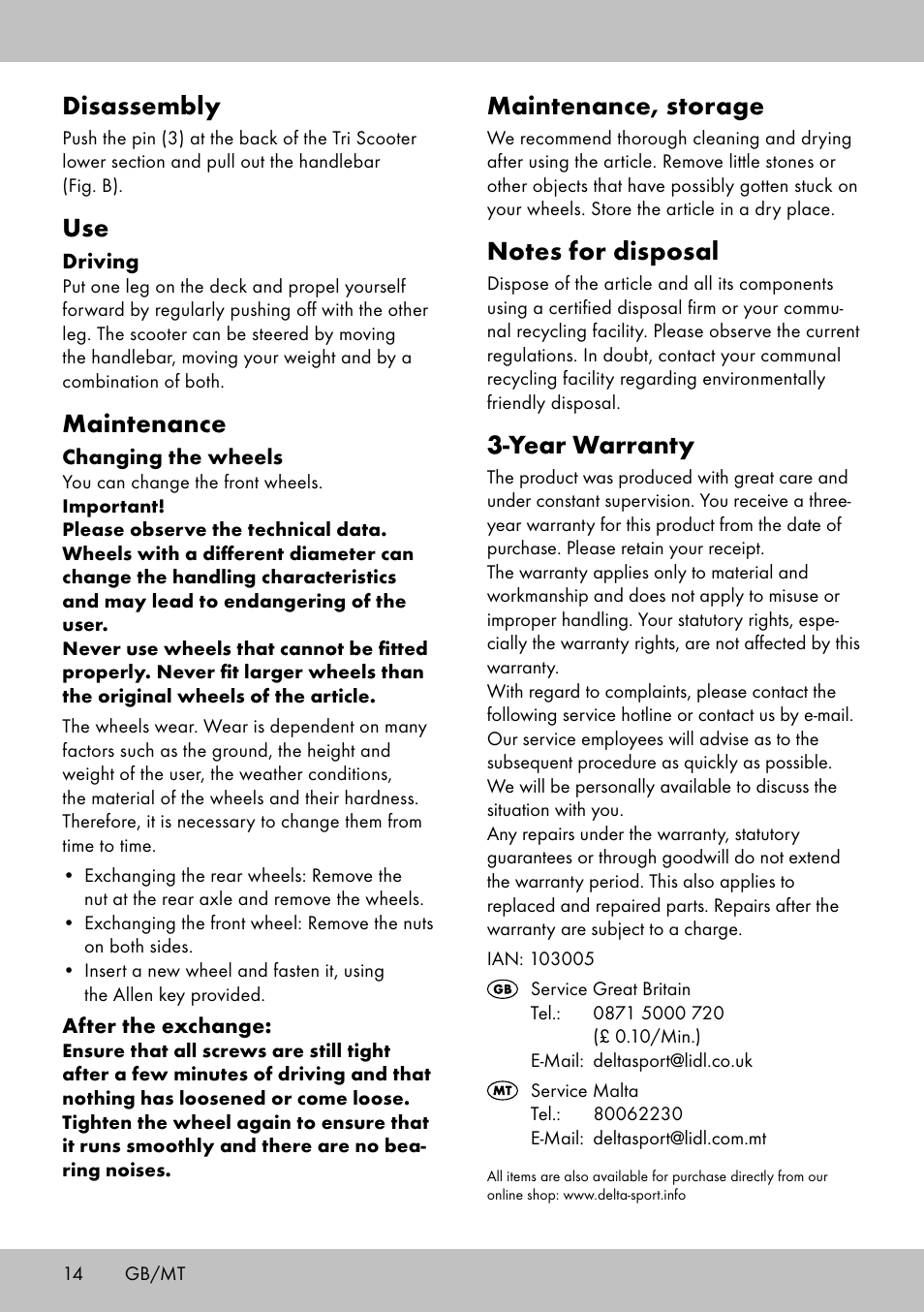 Disassembly, Maintenance, Maintenance, storage | Year warranty | Playtive Tri Scooter User Manual | Page 14 / 20