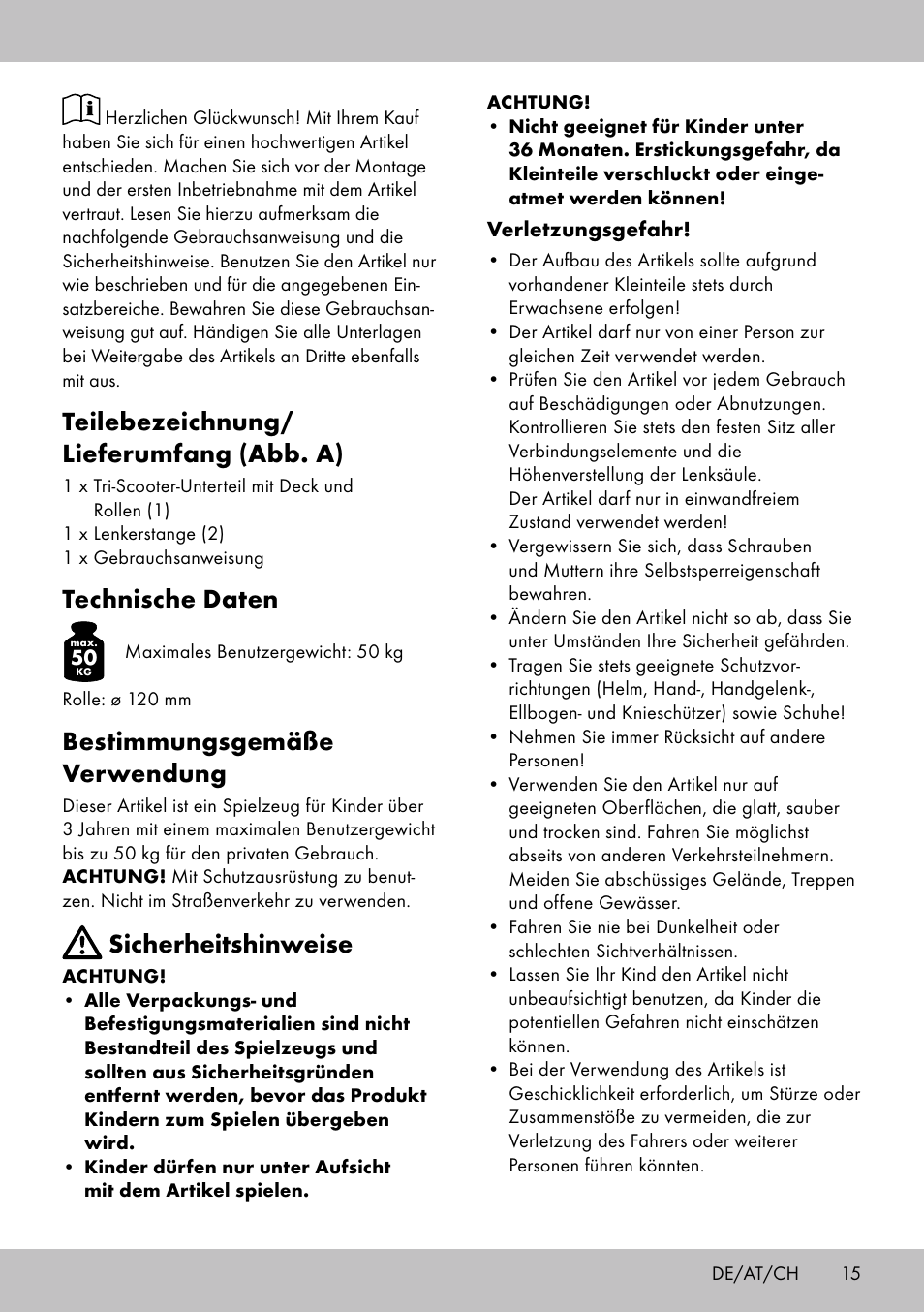 Teilebezeichnung/ lieferumfang (abb. a), Technische daten, Bestimmungsgemäße verwendung | Sicherheitshinweise | Playtive Tri Scooter User Manual | Page 15 / 20