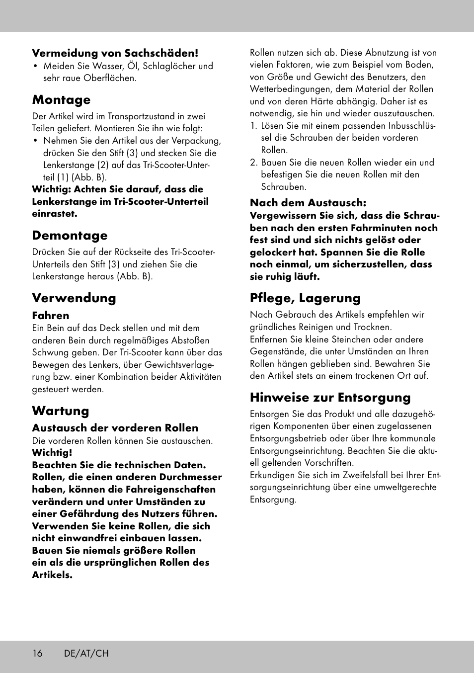 Montage, Demontage, Verwendung | Wartung, Pflege, lagerung, Hinweise zur entsorgung | Playtive Tri Scooter User Manual | Page 16 / 20