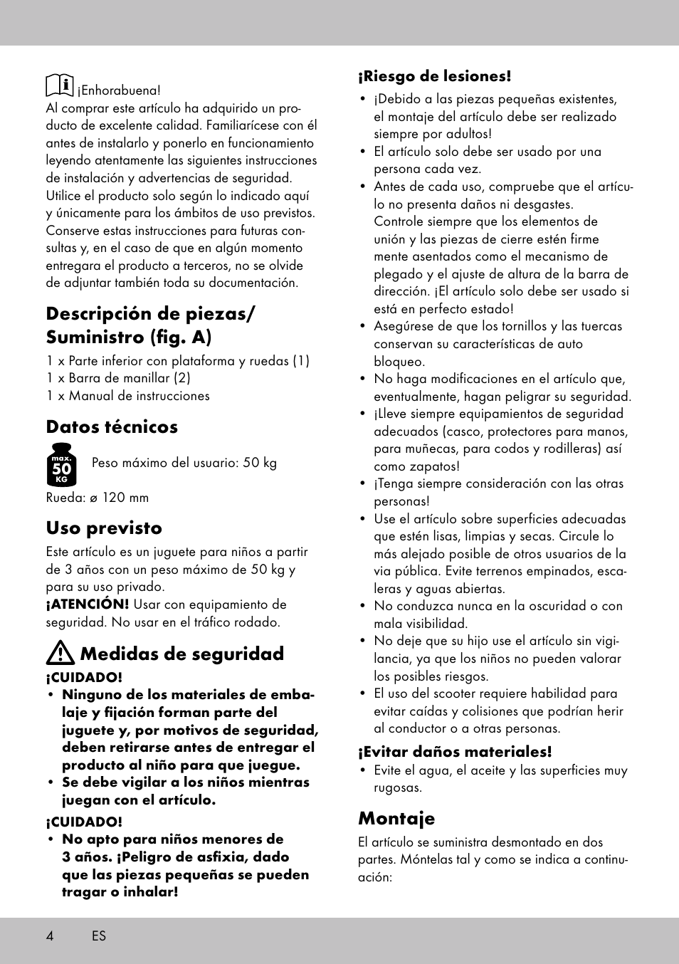 Descripción de piezas/ suministro (fig. a), Datos técnicos, Uso previsto | Medidas de seguridad, Montaje | Playtive Tri Scooter User Manual | Page 4 / 20