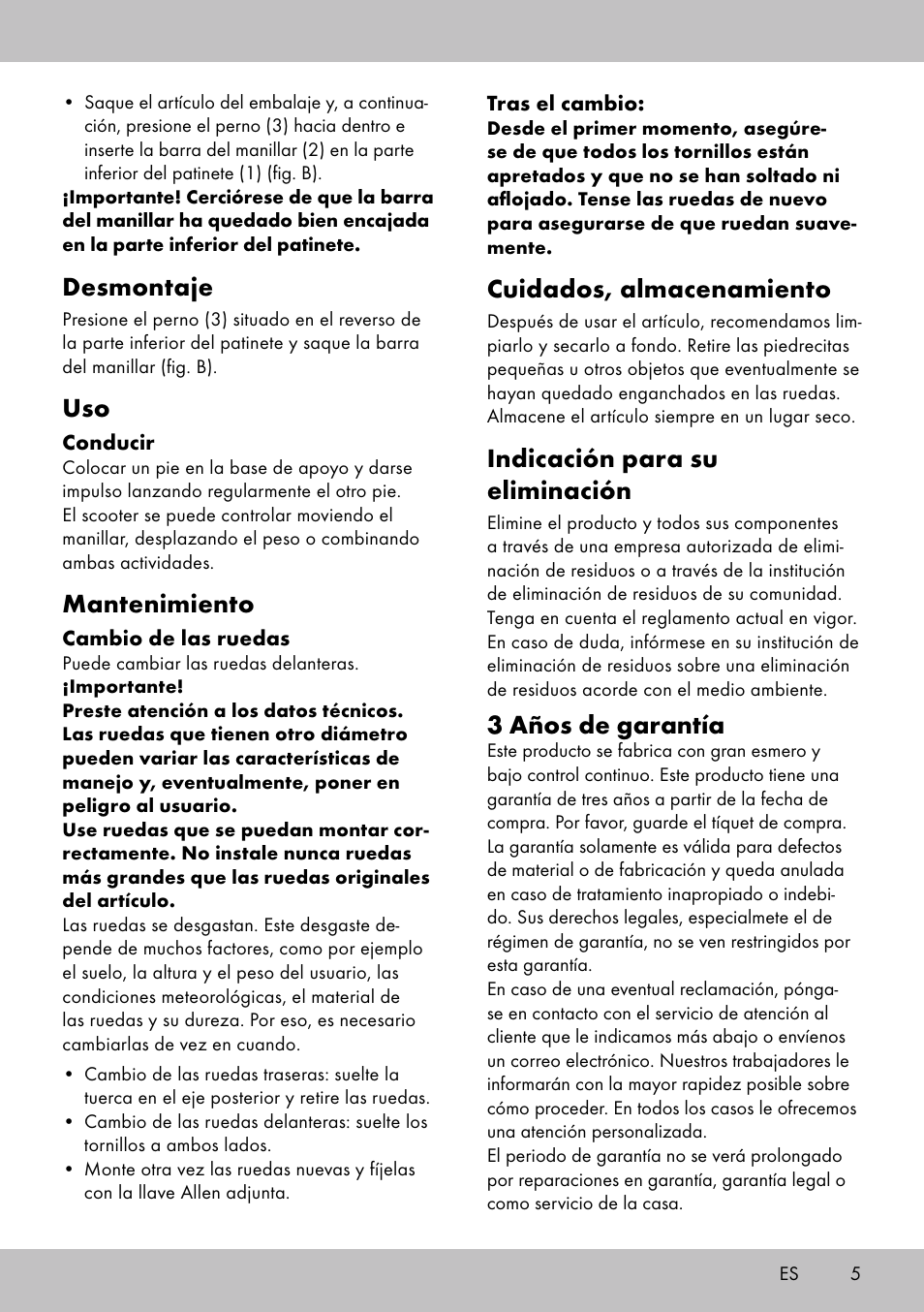 Desmontaje, Mantenimiento, Cuidados, almacenamiento | Indicación para su eliminación, 3 años de garantía | Playtive Tri Scooter User Manual | Page 5 / 20