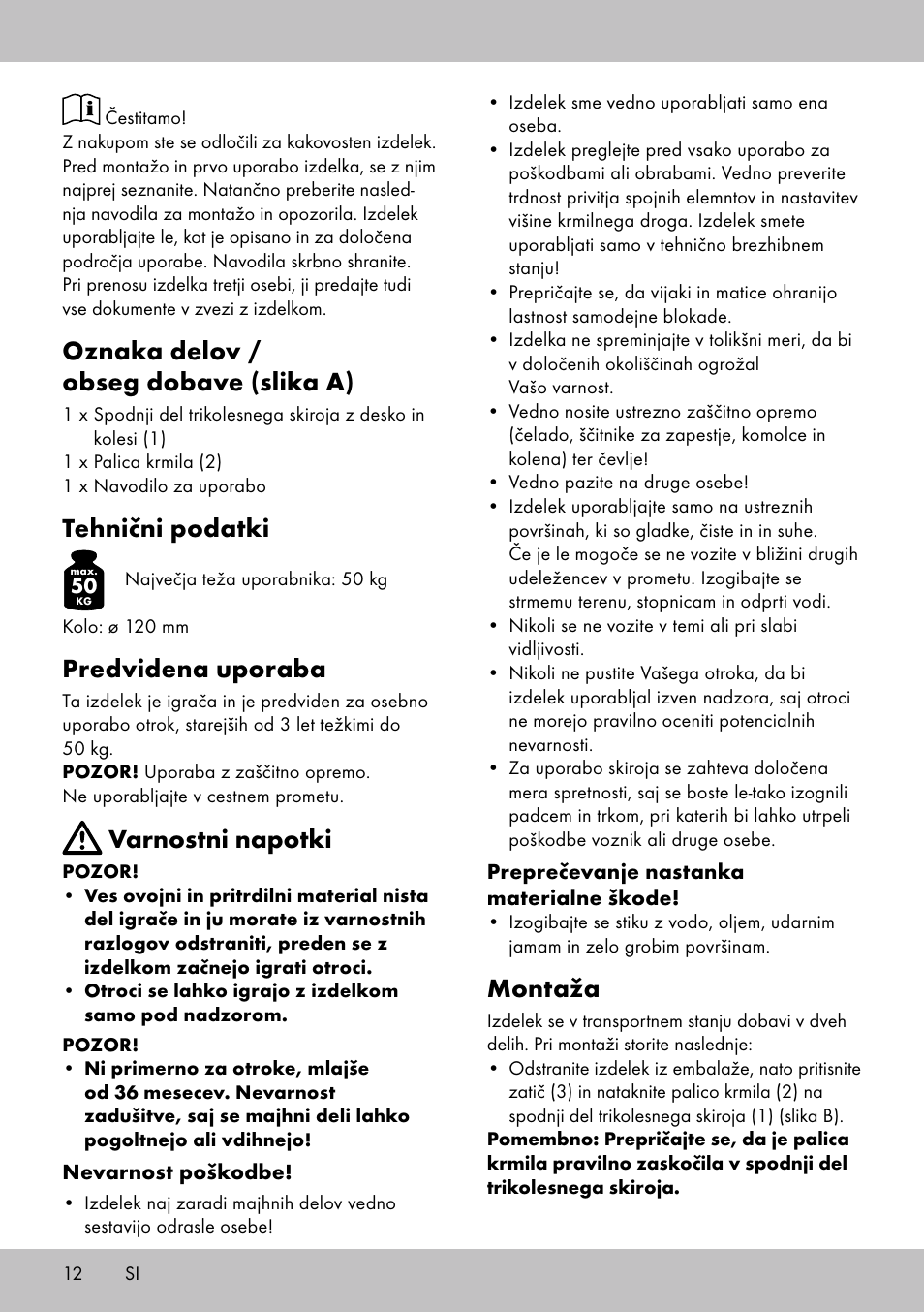 Oznaka delov / obseg dobave (slika a), Tehnični podatki, Predvidena uporaba | Varnostni napotki, Montaža | Playtive Tri Scooter User Manual | Page 12 / 24