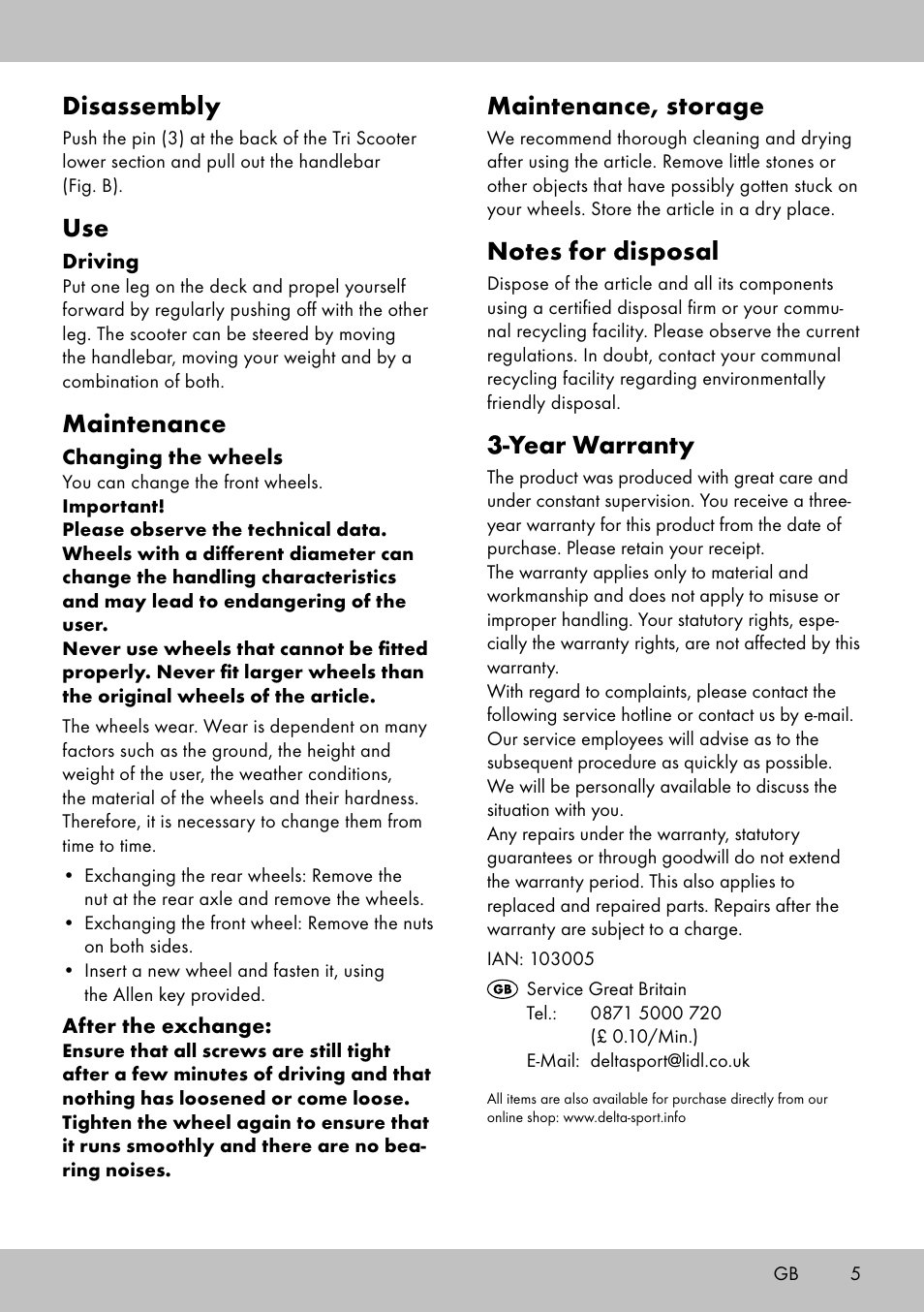 Disassembly, Maintenance, Maintenance, storage | Year warranty | Playtive Tri Scooter User Manual | Page 5 / 24