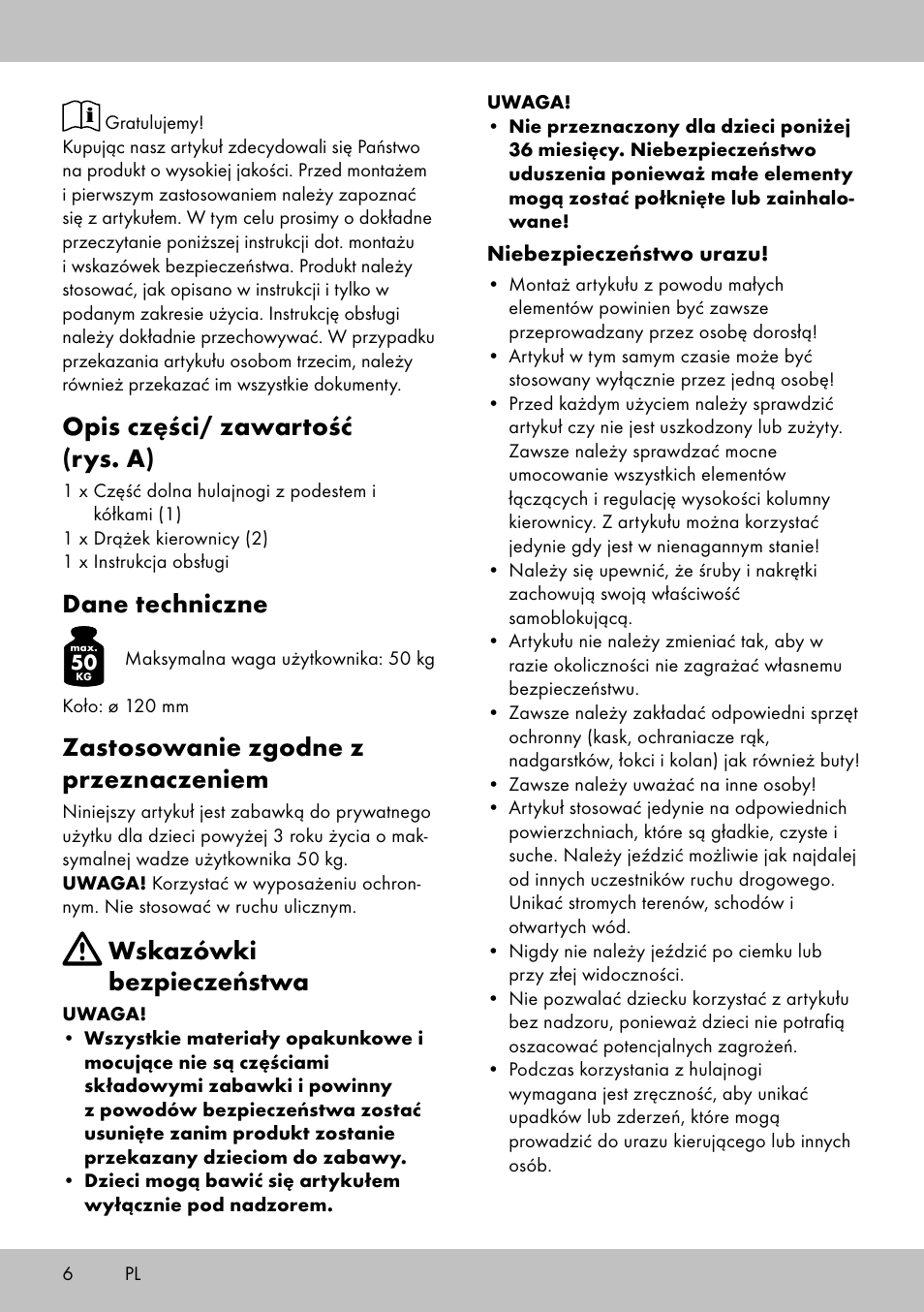 Opis części/ zawartość (rys. a), Dane techniczne, Zastosowanie zgodne z przeznaczeniem | Wskazówki bezpieczeństwa | Playtive Tri Scooter User Manual | Page 6 / 24