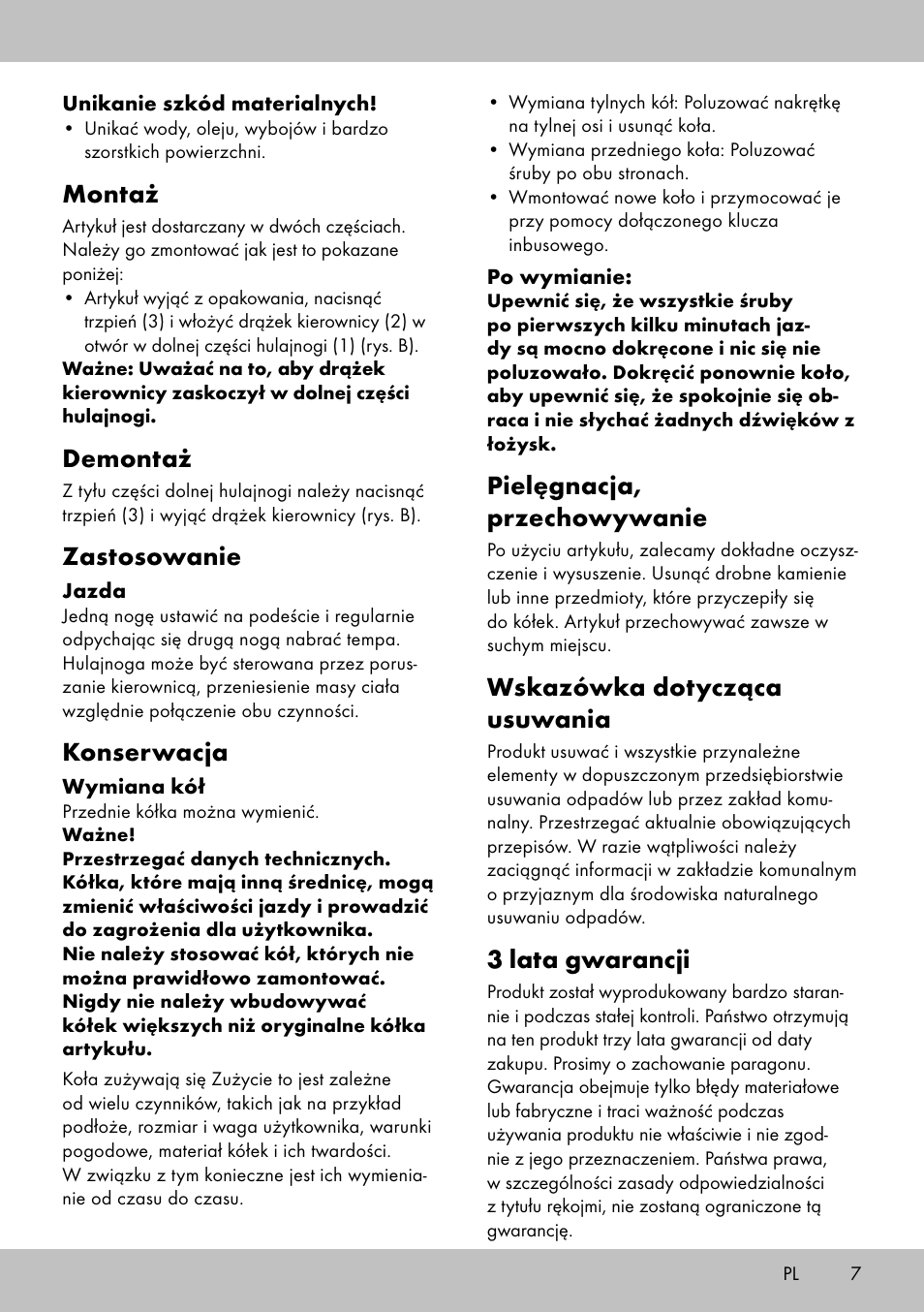 Montaż, Demontaż, Zastosowanie | Konserwacja, Pielęgnacja, przechowywanie, Wskazówka dotycząca usuwania, 3 lata gwarancji | Playtive Tri Scooter User Manual | Page 7 / 24