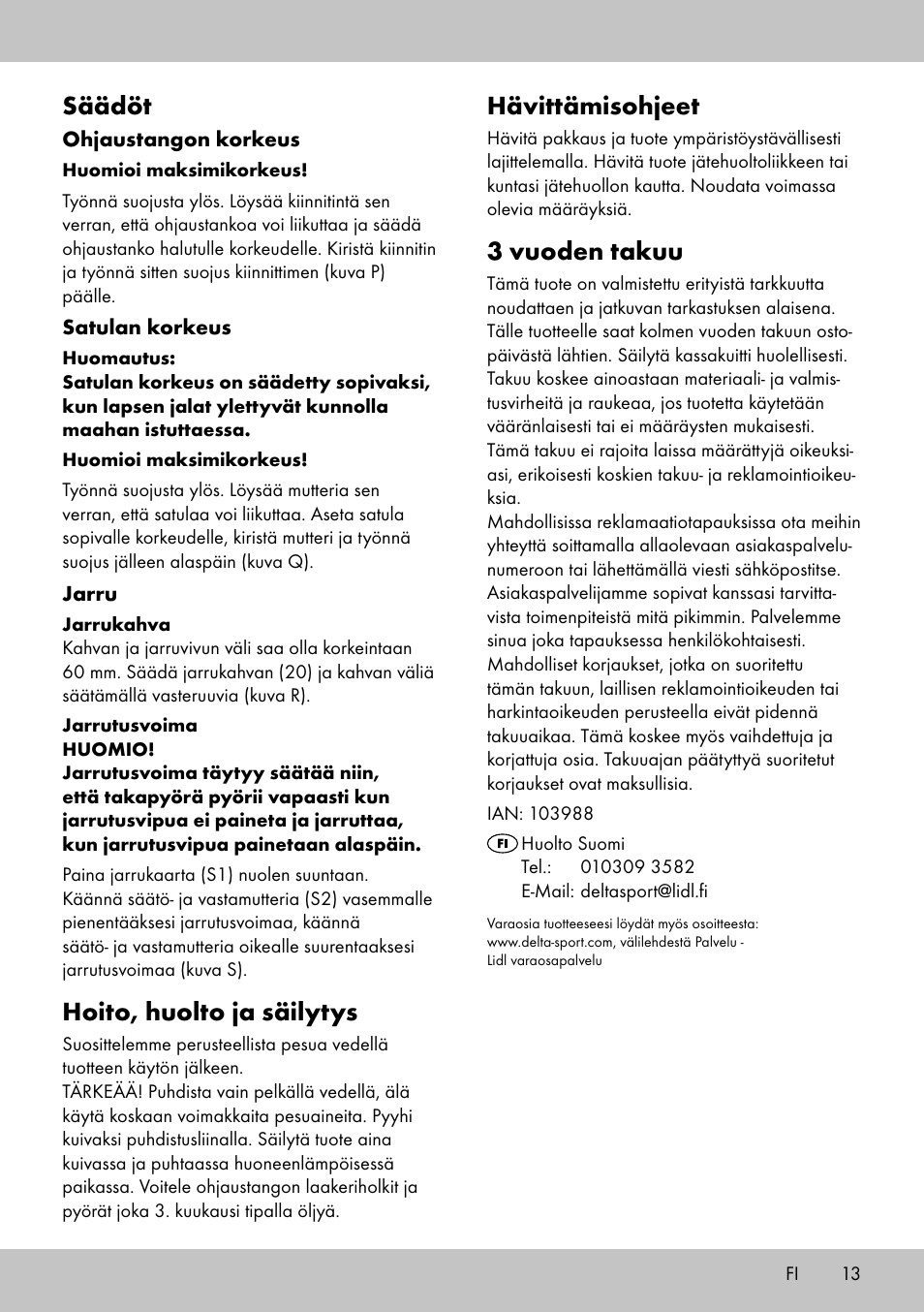 Hävittämisohjeet, 3 vuoden takuu, Säädöt | Hoito, huolto ja säilytys | Playtive Training Balance Bike LR-1703 User Manual | Page 11 / 30