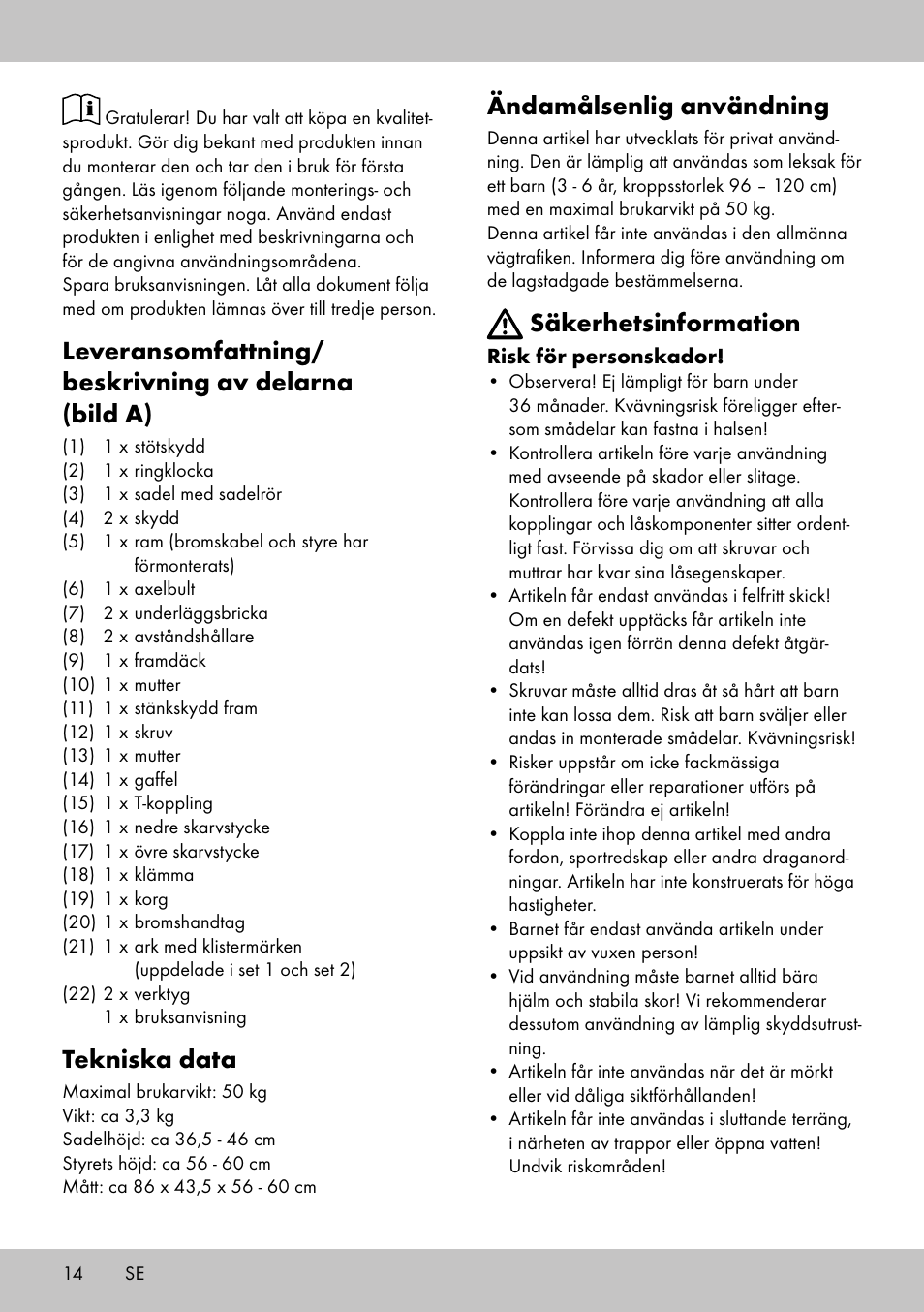 Tekniska data, Ändamålsenlig användning, Säkerhetsinformation | Playtive Training Balance Bike LR-1703 User Manual | Page 12 / 30