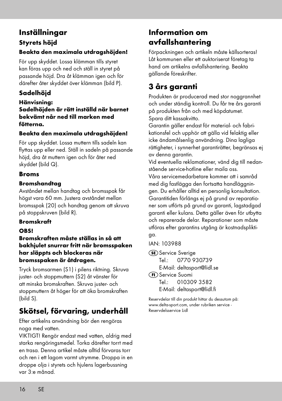 Information om avfallshantering, 3 års garanti, Inställningar | Skötsel, förvaring, underhåll | Playtive Training Balance Bike LR-1703 User Manual | Page 14 / 30