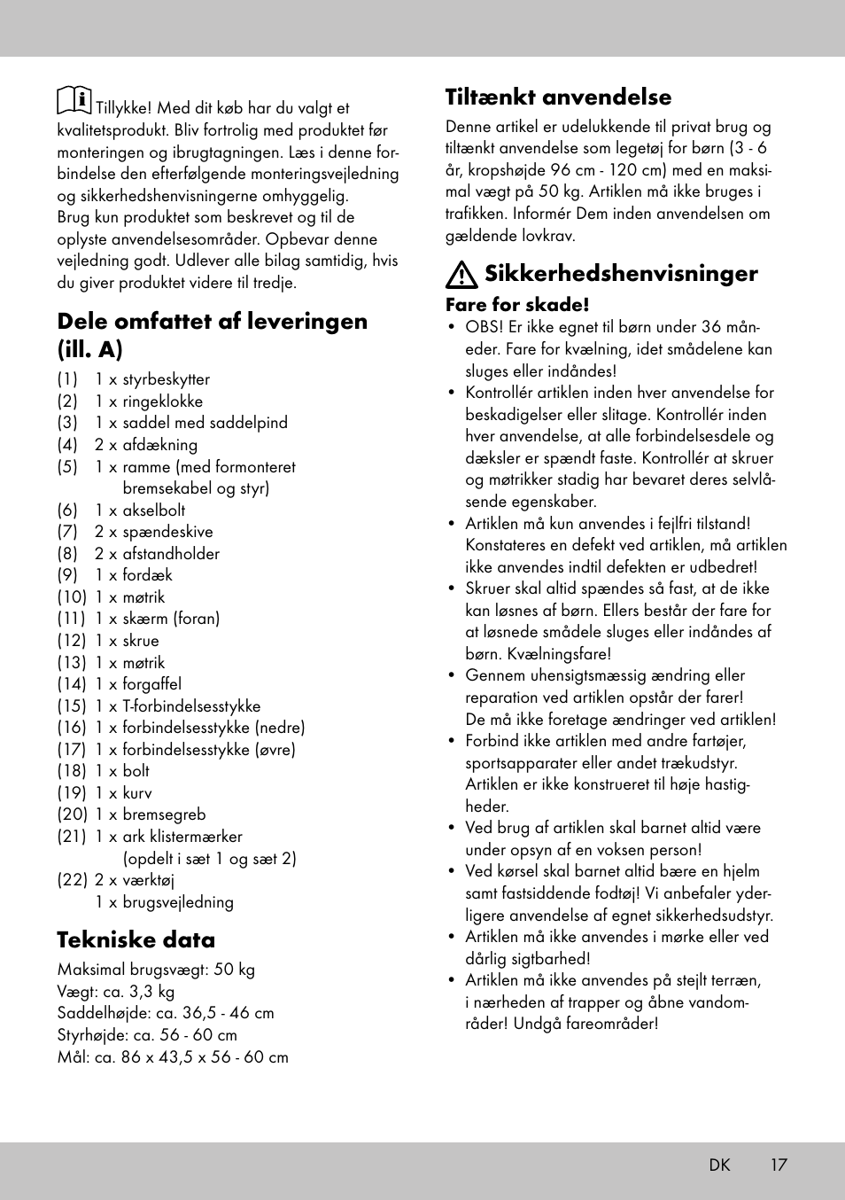 Dele omfattet af leveringen (ill. a), Tekniske data, Tiltænkt anvendelse | Sikkerhedshenvisninger | Playtive Training Balance Bike LR-1703 User Manual | Page 15 / 30