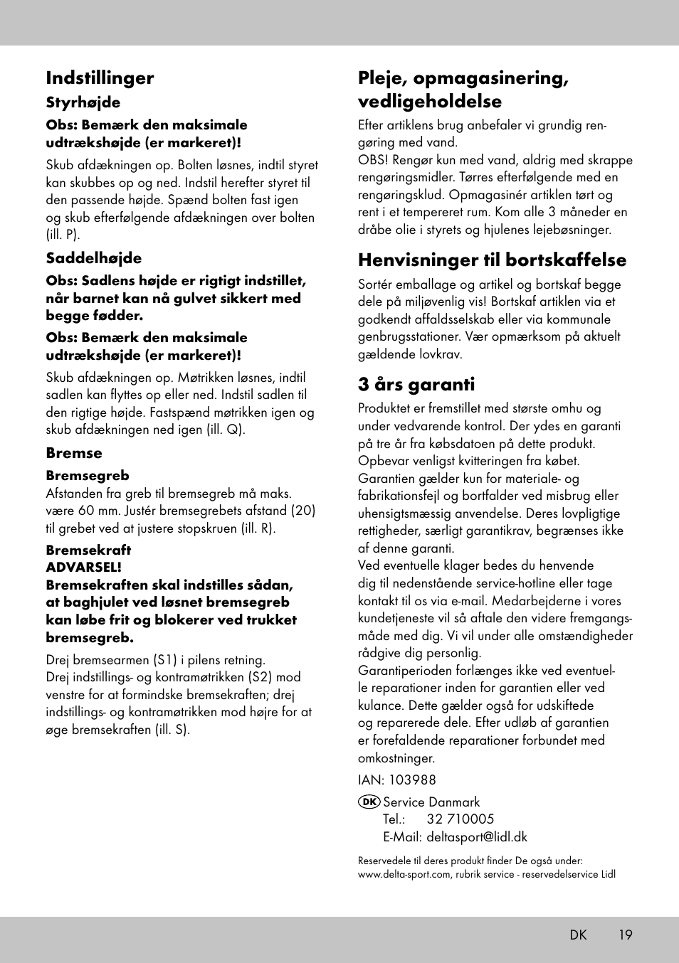 Pleje, opmagasinering, vedligeholdelse, Henvisninger til bortskaffelse, 3 års garanti | Indstillinger | Playtive Training Balance Bike LR-1703 User Manual | Page 17 / 30