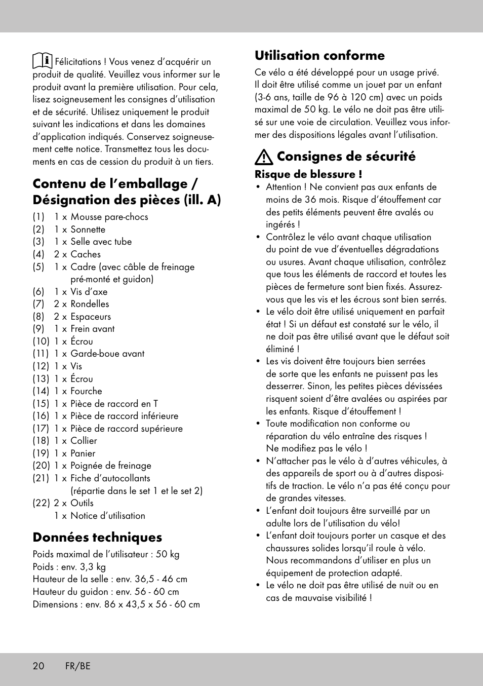 Données techniques, Utilisation conforme, Consignes de sécurité | Playtive Training Balance Bike LR-1703 User Manual | Page 18 / 30