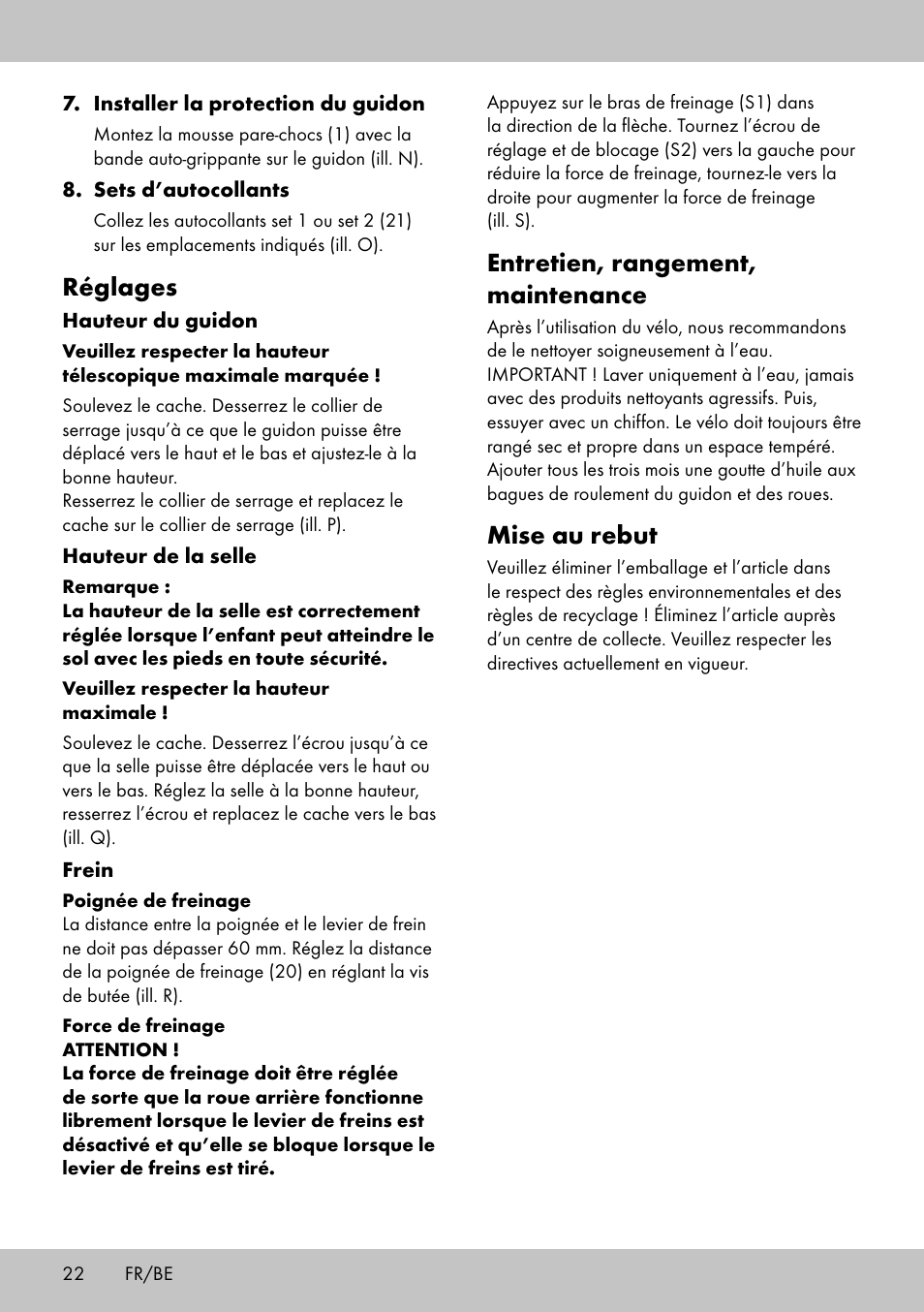 Entretien, rangement, maintenance, Mise au rebut, Réglages | Playtive Training Balance Bike LR-1703 User Manual | Page 20 / 30