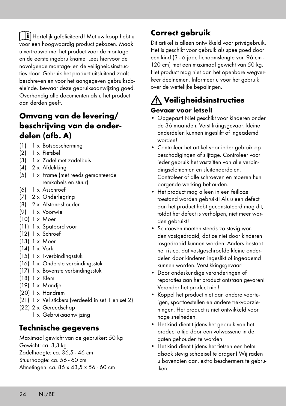 Technische gegevens, Correct gebruik, Veiligheidsinstructies | Playtive Training Balance Bike LR-1703 User Manual | Page 22 / 30