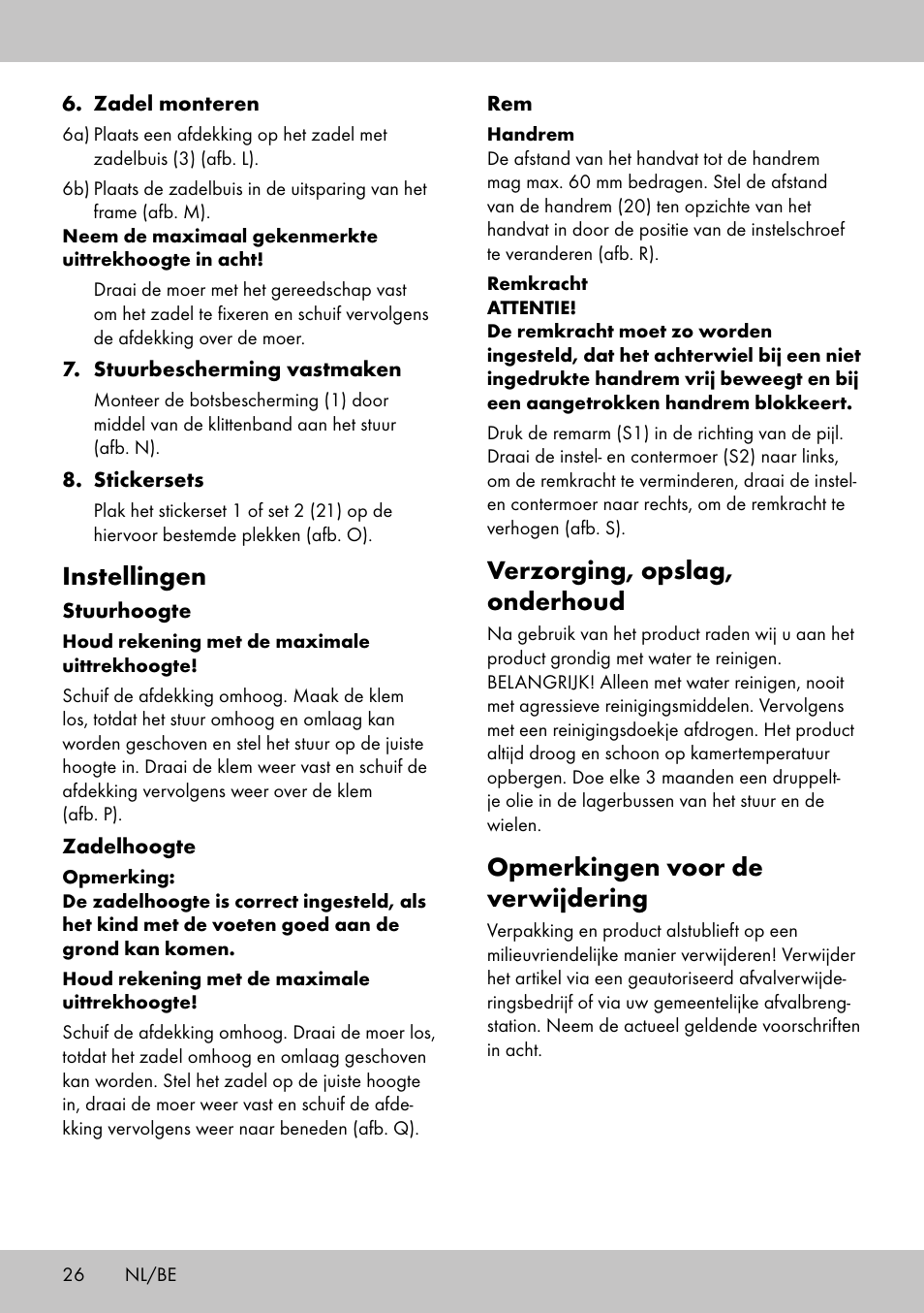 Verzorging, opslag, onderhoud, Opmerkingen voor de verwijdering, Instellingen | Playtive Training Balance Bike LR-1703 User Manual | Page 24 / 30