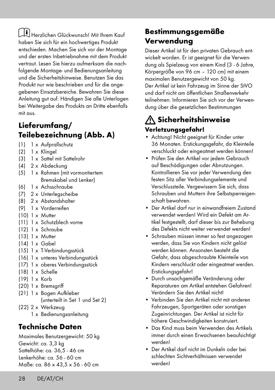 Lieferumfang/ teilebezeichnung (abb. a), Technische daten, Bestimmungsgemäße verwendung | Sicherheitshinweise | Playtive Training Balance Bike LR-1703 User Manual | Page 26 / 30