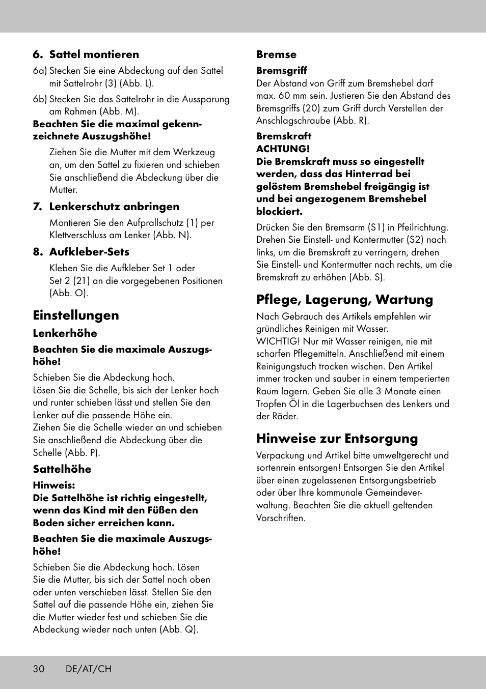 Pflege, lagerung, wartung, Hinweise zur entsorgung, Einstellungen | Playtive Training Balance Bike LR-1703 User Manual | Page 28 / 30