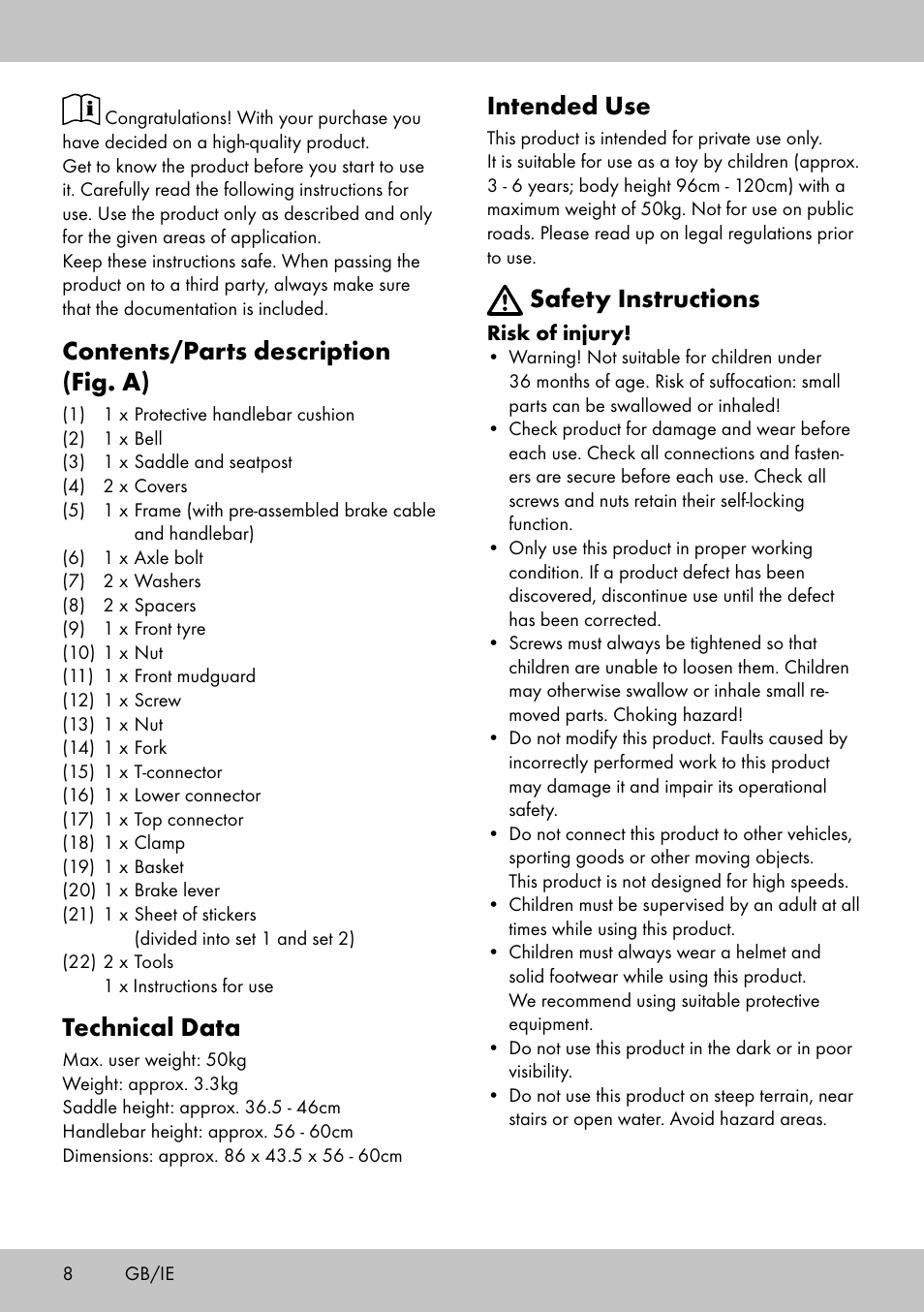 Contents/parts description (fig. a), Technical data, Intended use | Safety instructions | Playtive Training Balance Bike LR-1703 User Manual | Page 6 / 30