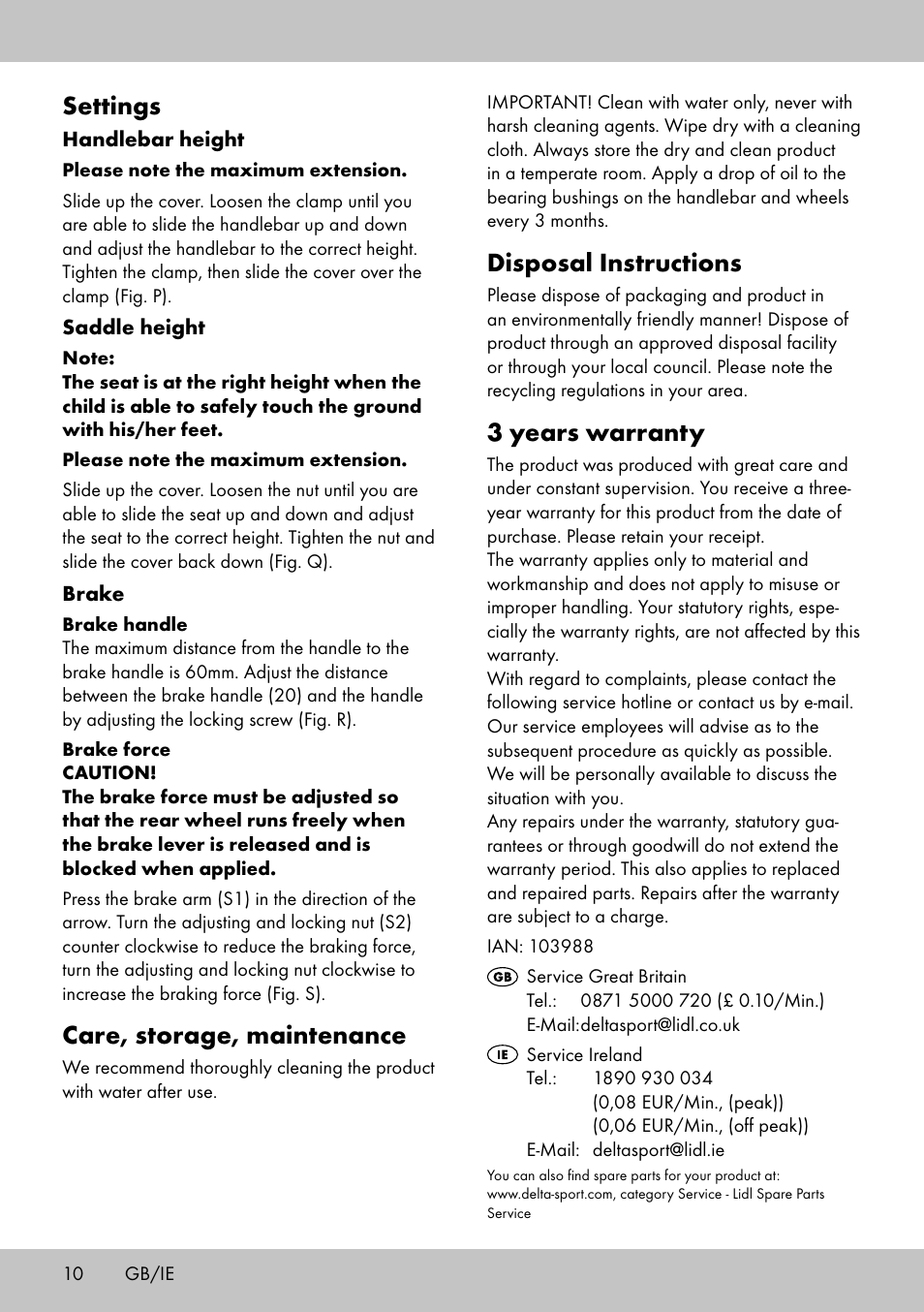 Disposal instructions, 3 years warranty, Settings | Care, storage, maintenance | Playtive Training Balance Bike LR-1703 User Manual | Page 8 / 30