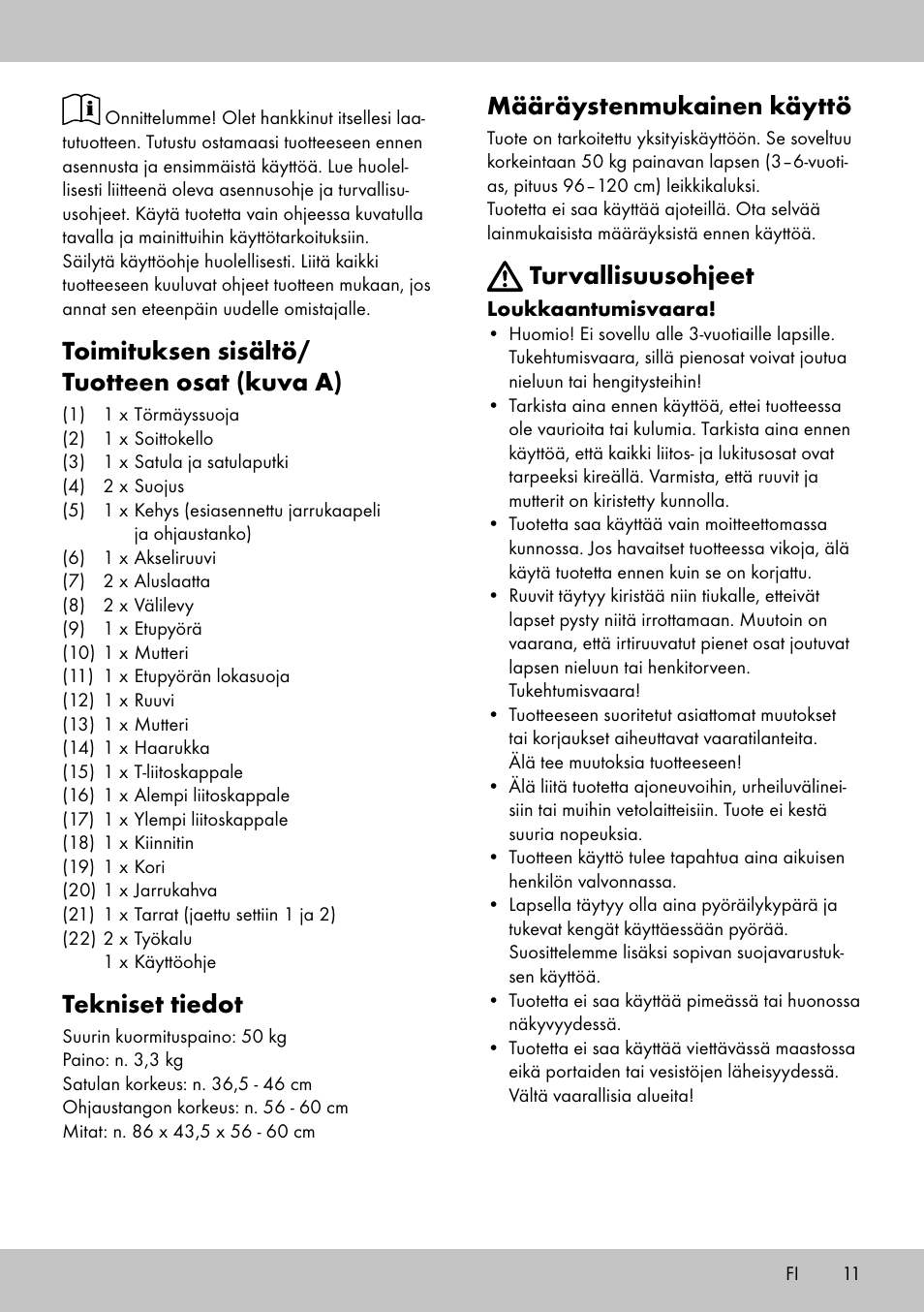 Toimituksen sisältö/ tuotteen osat (kuva a), Tekniset tiedot, Määräystenmukainen käyttö | Turvallisuusohjeet | Playtive Training Balance Bike LR-1703 User Manual | Page 9 / 30