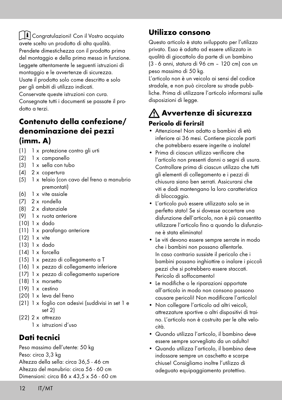 Dati tecnici, Utilizzo consono, Avvertenze di sicurezza | Playtive Training Balance Bike LR-1703 User Manual | Page 10 / 26