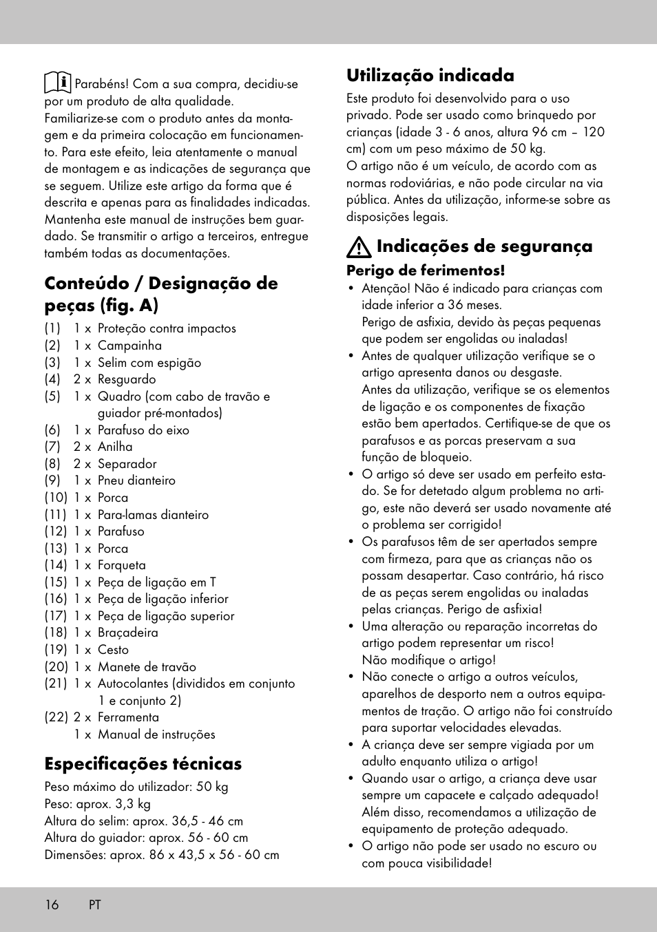 Conteúdo / designação de peças (fig. a), Especificações técnicas, Utilização indicada | Indicações de segurança | Playtive Training Balance Bike LR-1703 User Manual | Page 14 / 26