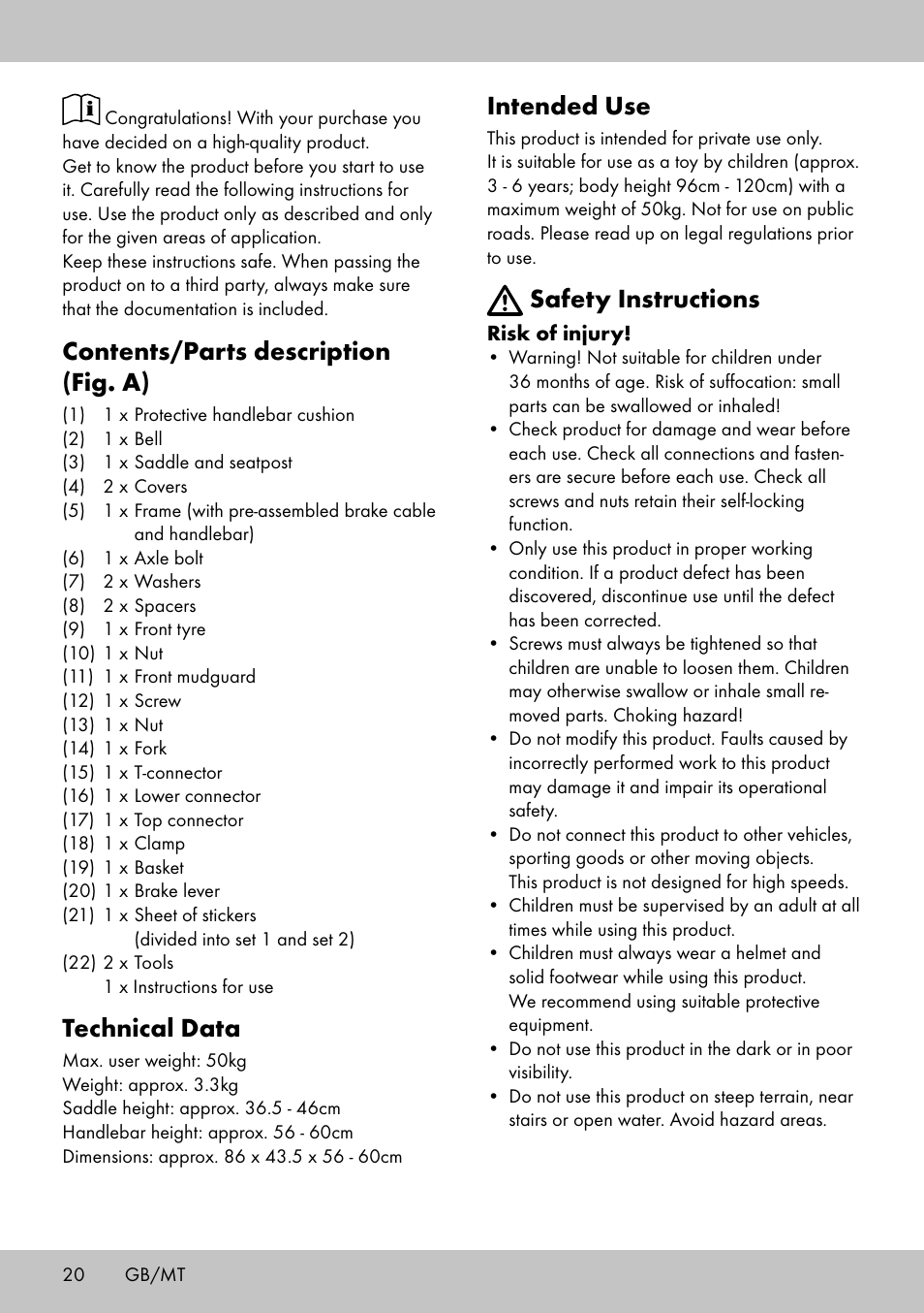 Contents/parts description (fig. a), Technical data, Intended use | Safety instructions | Playtive Training Balance Bike LR-1703 User Manual | Page 18 / 26