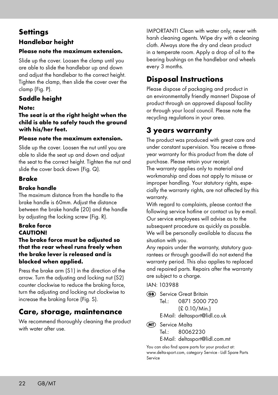 Disposal instructions, 3 years warranty, Settings | Care, storage, maintenance | Playtive Training Balance Bike LR-1703 User Manual | Page 20 / 26