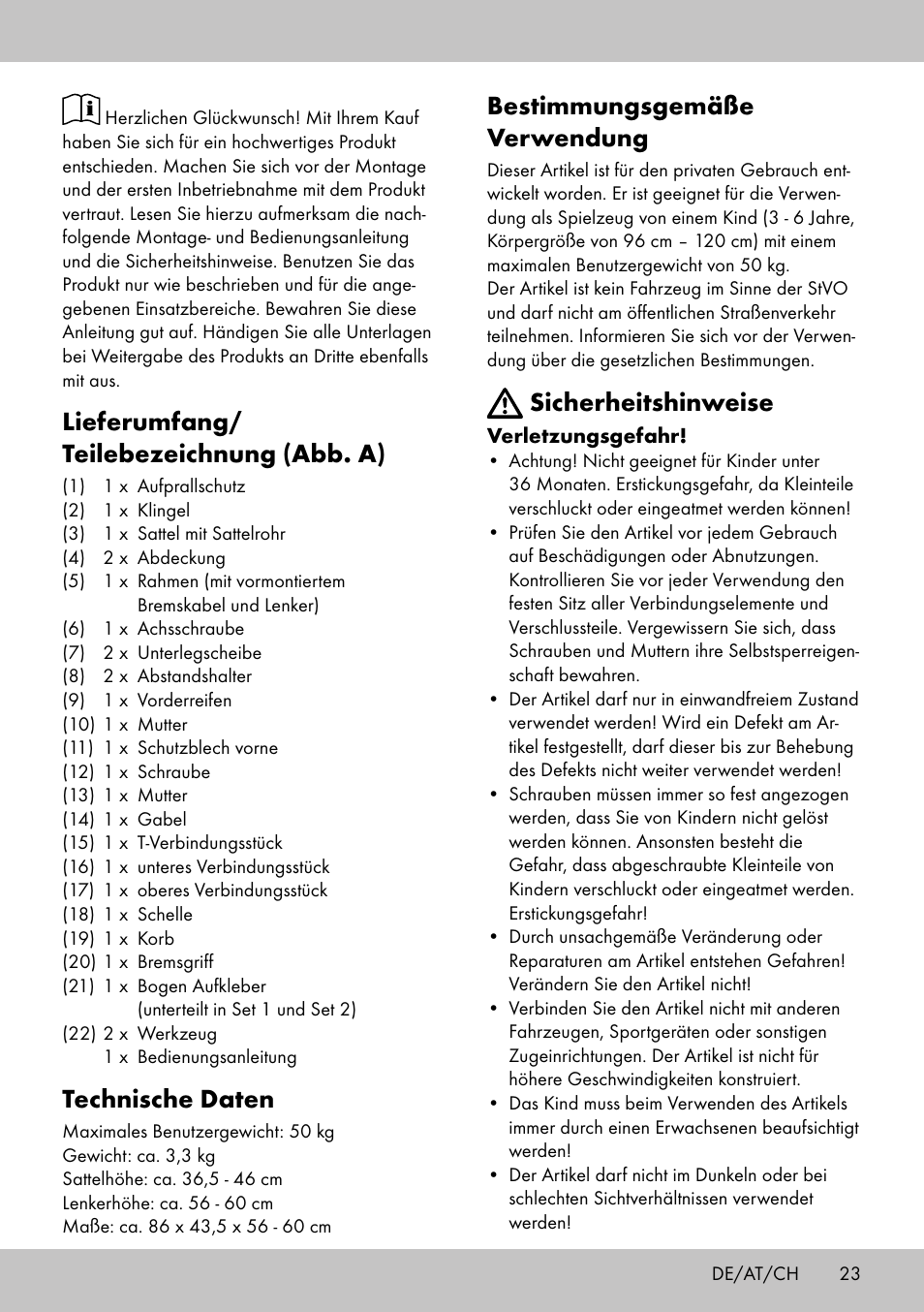 Lieferumfang/ teilebezeichnung (abb. a), Technische daten, Bestimmungsgemäße verwendung | Sicherheitshinweise | Playtive Training Balance Bike LR-1703 User Manual | Page 21 / 26