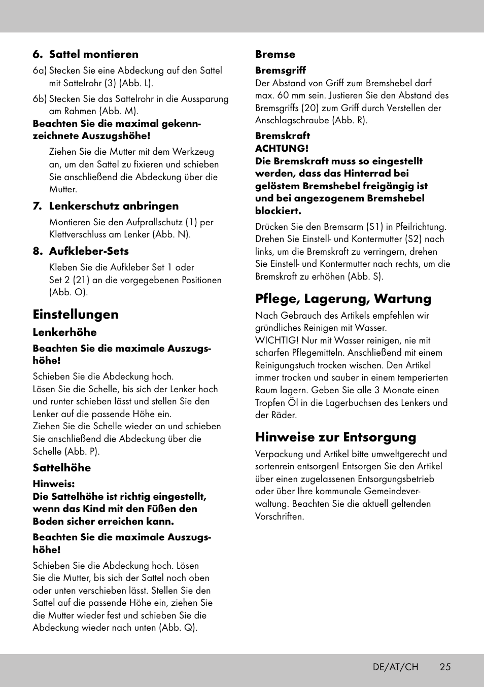 Pflege, lagerung, wartung, Hinweise zur entsorgung, Einstellungen | Playtive Training Balance Bike LR-1703 User Manual | Page 23 / 26