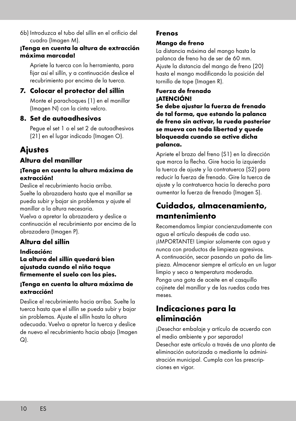 Cuidados, almacenamiento, mantenimiento, Indicaciones para la eliminación, Ajustes | Playtive Training Balance Bike LR-1703 User Manual | Page 8 / 26