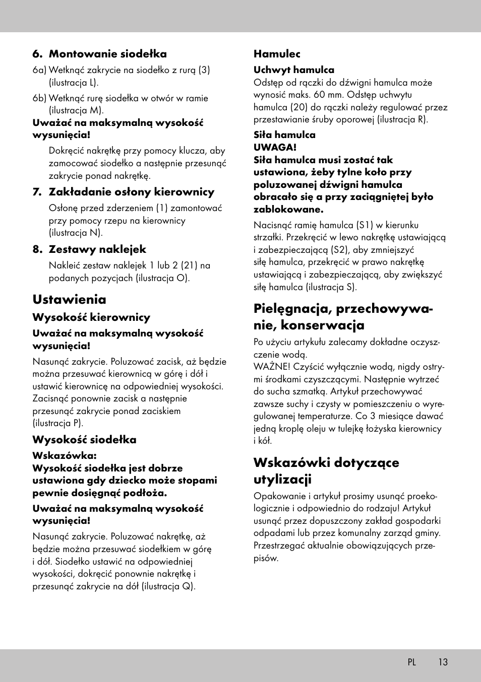 Pielęgnacja, przechowywa- nie, konserwacja, Wskazówki dotyczące utylizacji, Ustawienia | Playtive Training Balance Bike LR-1703 User Manual | Page 11 / 30