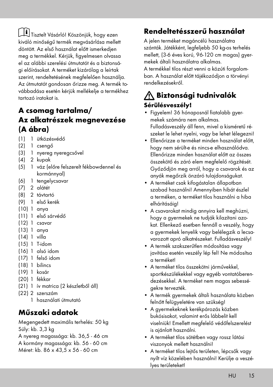 Műszaki adatok, Rendeltetésszerű használat, Biztonsági tudnivalók | Playtive Training Balance Bike LR-1703 User Manual | Page 13 / 30