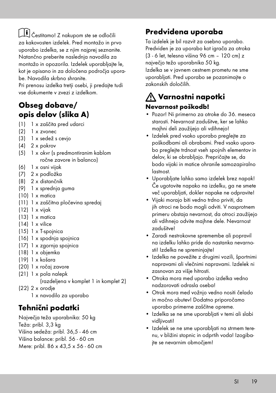 Obseg dobave/ opis delov (slika a), Tehnični podatki, Predvidena uporaba | Varnostni napotki | Playtive Training Balance Bike LR-1703 User Manual | Page 17 / 30