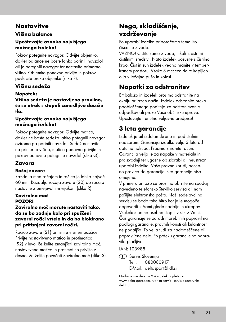 Nega, skladiščenje, vzdrževanje, Napotki za odstranitev, 3 leta garancije | Nastavitve | Playtive Training Balance Bike LR-1703 User Manual | Page 19 / 30