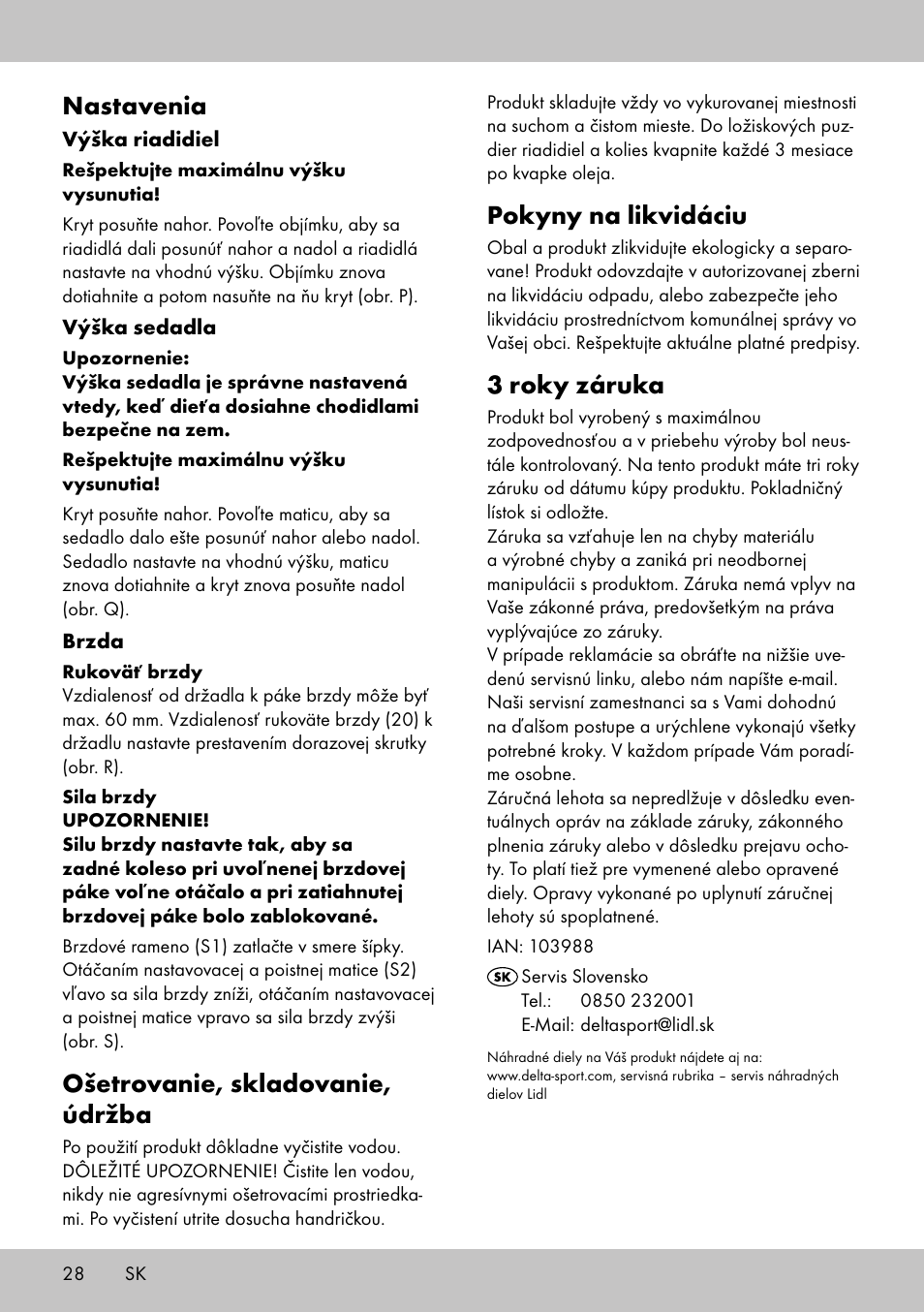 Pokyny na likvidáciu, 3 roky záruka, Nastavenia | Ošetrovanie, skladovanie, údržba | Playtive Training Balance Bike LR-1703 User Manual | Page 26 / 30