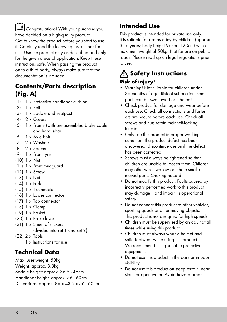 Contents/parts description (fig. a), Technical data, Intended use | Safety instructions | Playtive Training Balance Bike LR-1703 User Manual | Page 6 / 30