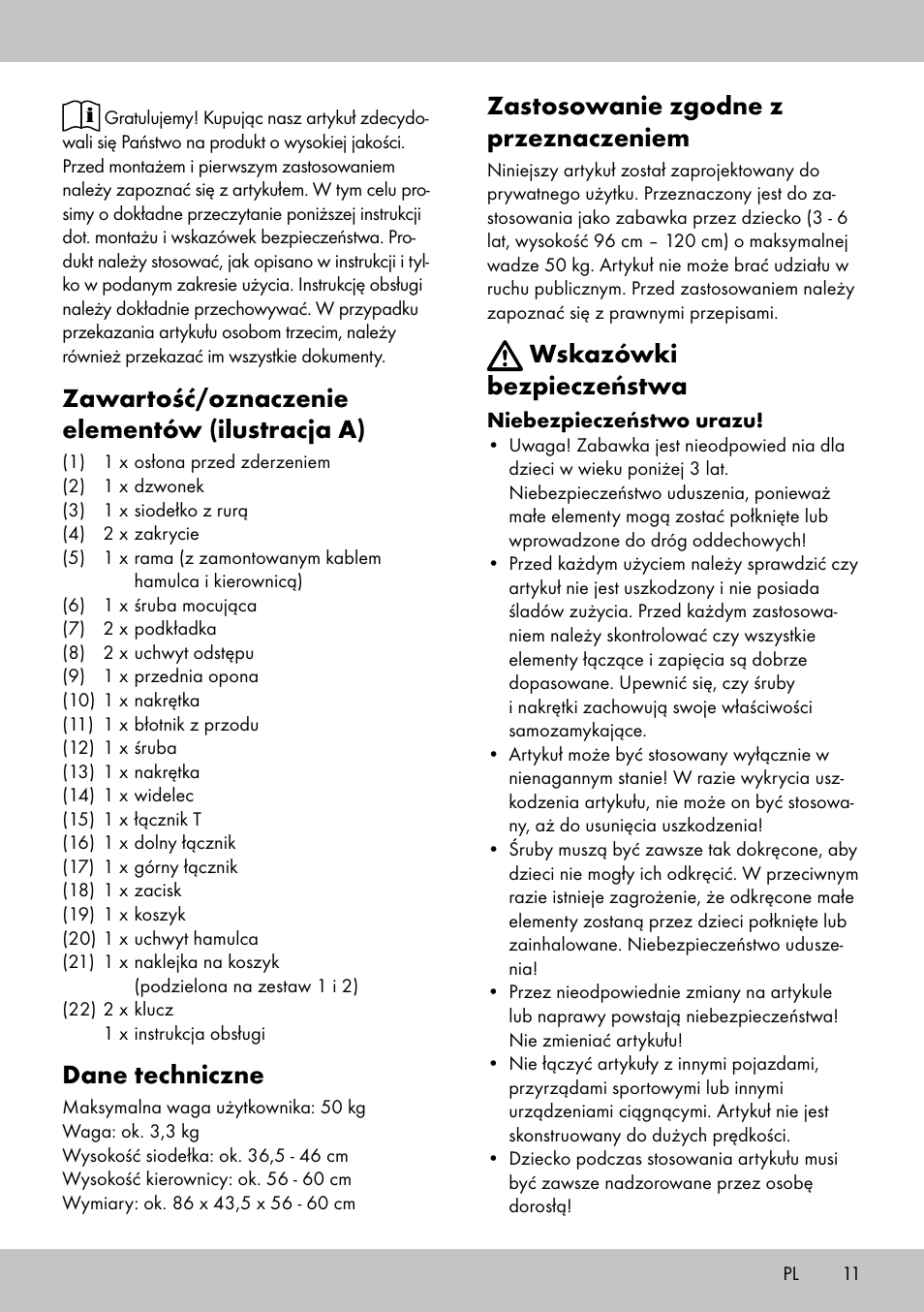 Zawartość/oznaczenie elementów (ilustracja a), Dane techniczne, Zastosowanie zgodne z przeznaczeniem | Wskazówki bezpieczeństwa | Playtive Training Balance Bike LR-1703 User Manual | Page 9 / 30