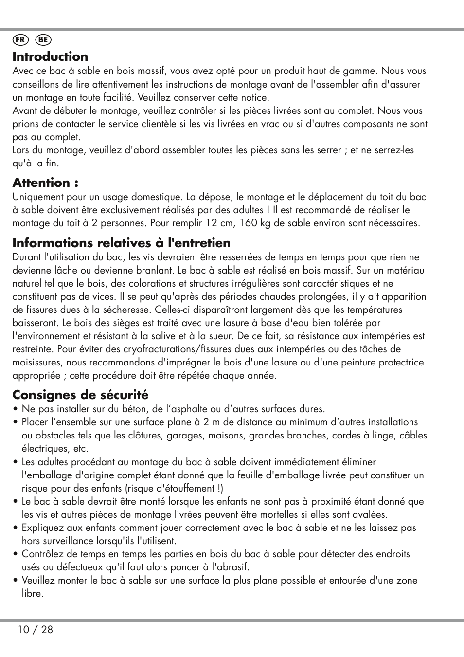 Introduction, Attention, Informations relatives à l'entretien | Consignes de sécurité | Playtive Sandpit User Manual | Page 10 / 28