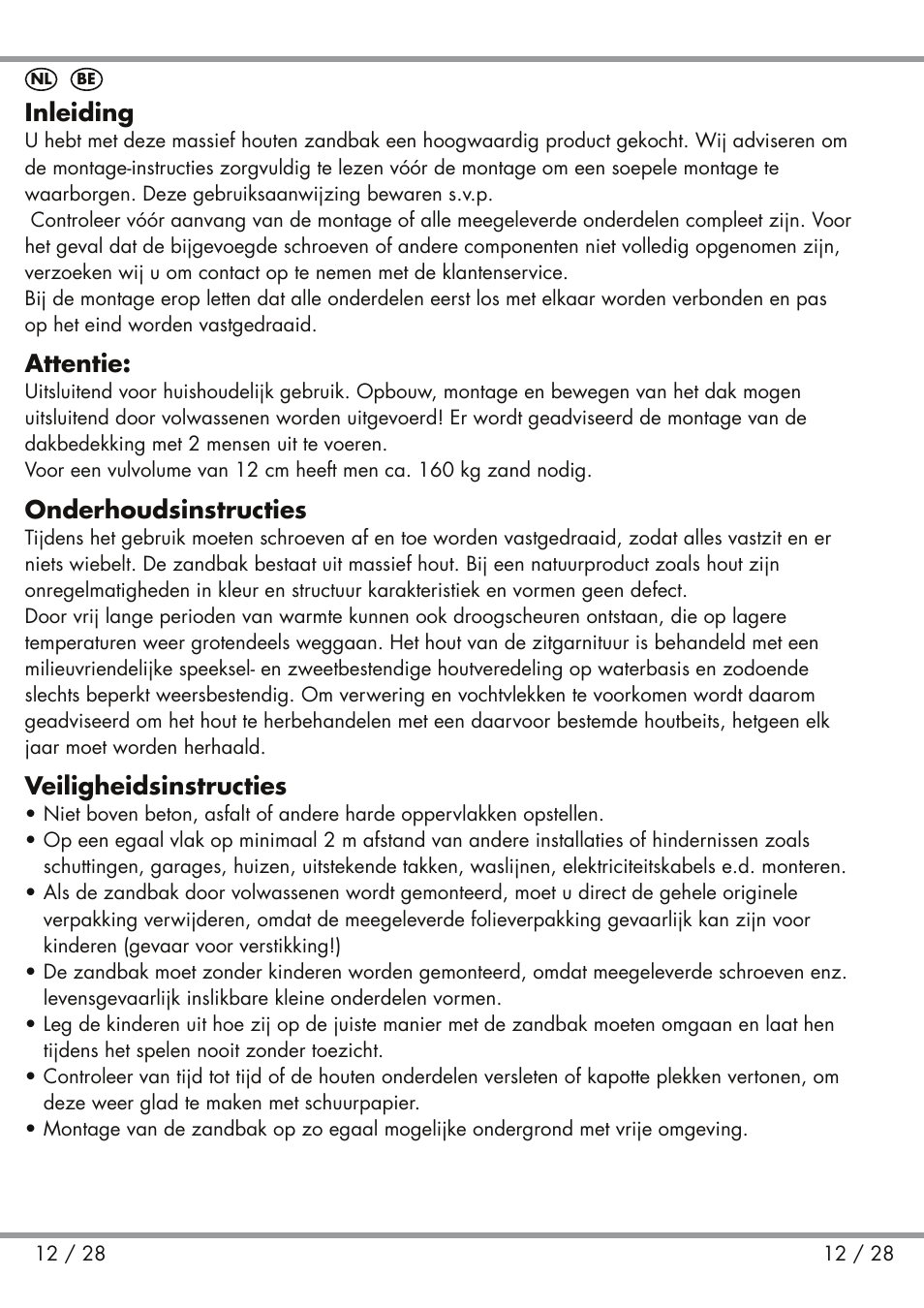 Inleiding, Attentie, Onderhoudsinstructies | Veiligheidsinstructies | Playtive Sandpit User Manual | Page 12 / 28